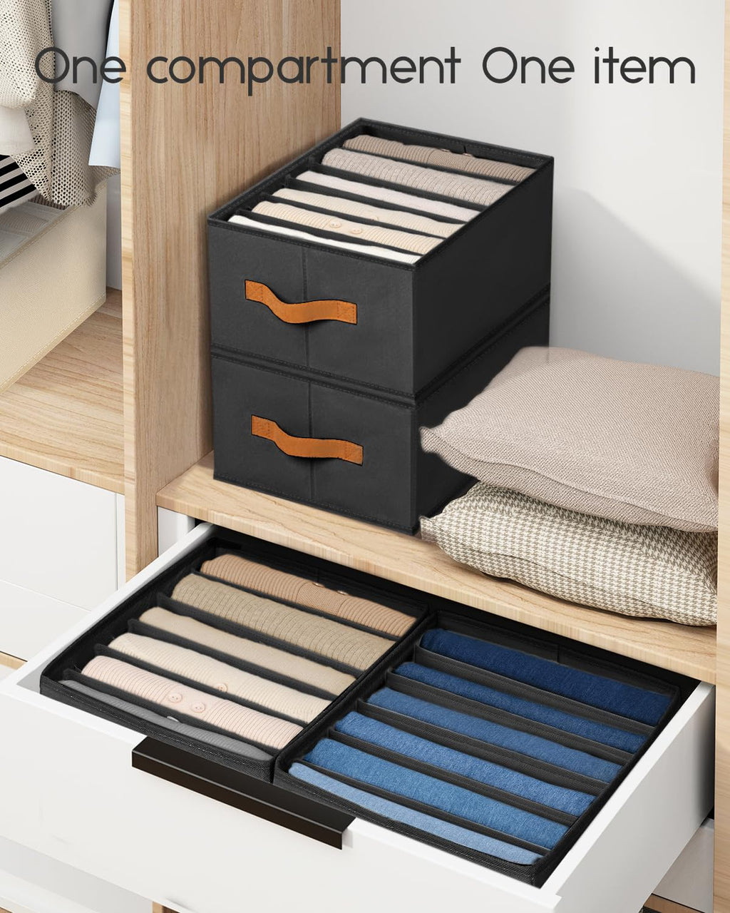 Homsorout Clothes Organizers and Storage - 4/5/7 Grids Fabric Jeans Organizer with Handles, Foldable Closet Organizers Dividers, Wardrobe organizer for Pant, Sweater, T-shirt, Scarf, 6 Pack, Beige