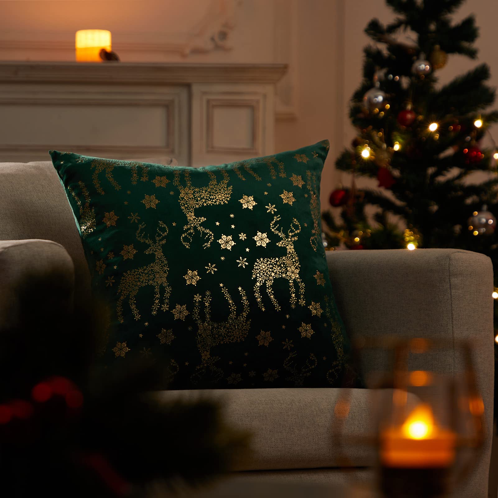 Topfinel Christmas Pillow Covers 18x18 Set of 2,Xmas Cream Velvet Snowflake Reindeer Decorative Pillow Case Winter Holiday Decor for Home Couch,White and Gold
