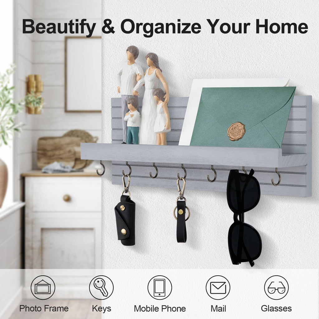 Decorative Key Holder for Wall with Shelf, Entryway Shelf with Hooks Holds Leashes, Jackets and Glasses – Sturdy Wood Keyholder Entrance Hanger with Mounting Hardware (Black, Medium)