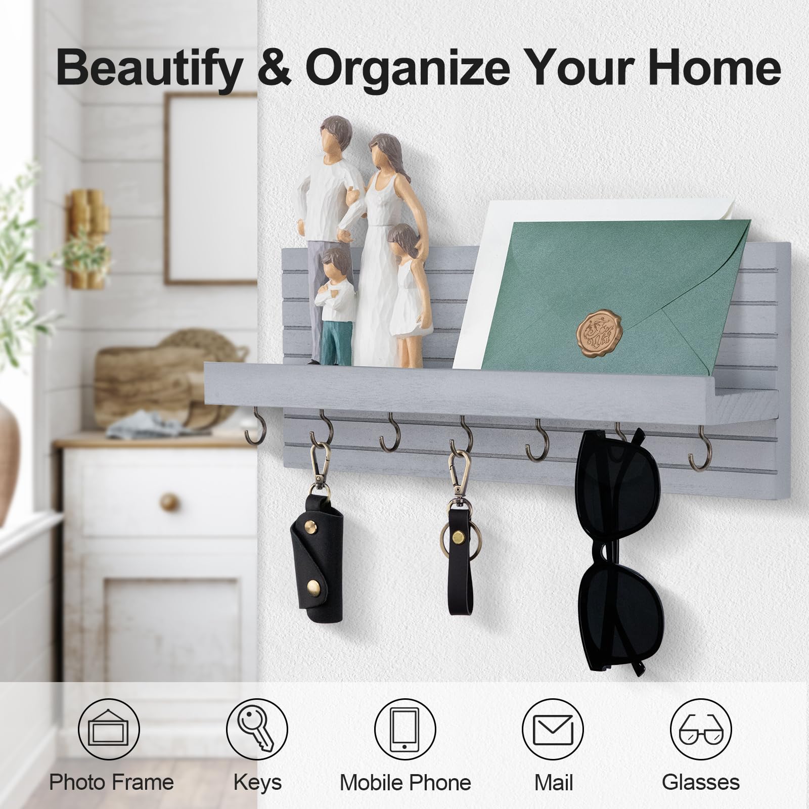 Decorative Key Holder for Wall with Shelf, Entryway Shelf with Hooks Holds Leashes, Jackets and Glasses – Sturdy Wood Keyholder Entrance Hanger with Mounting Hardware (Black, Medium)