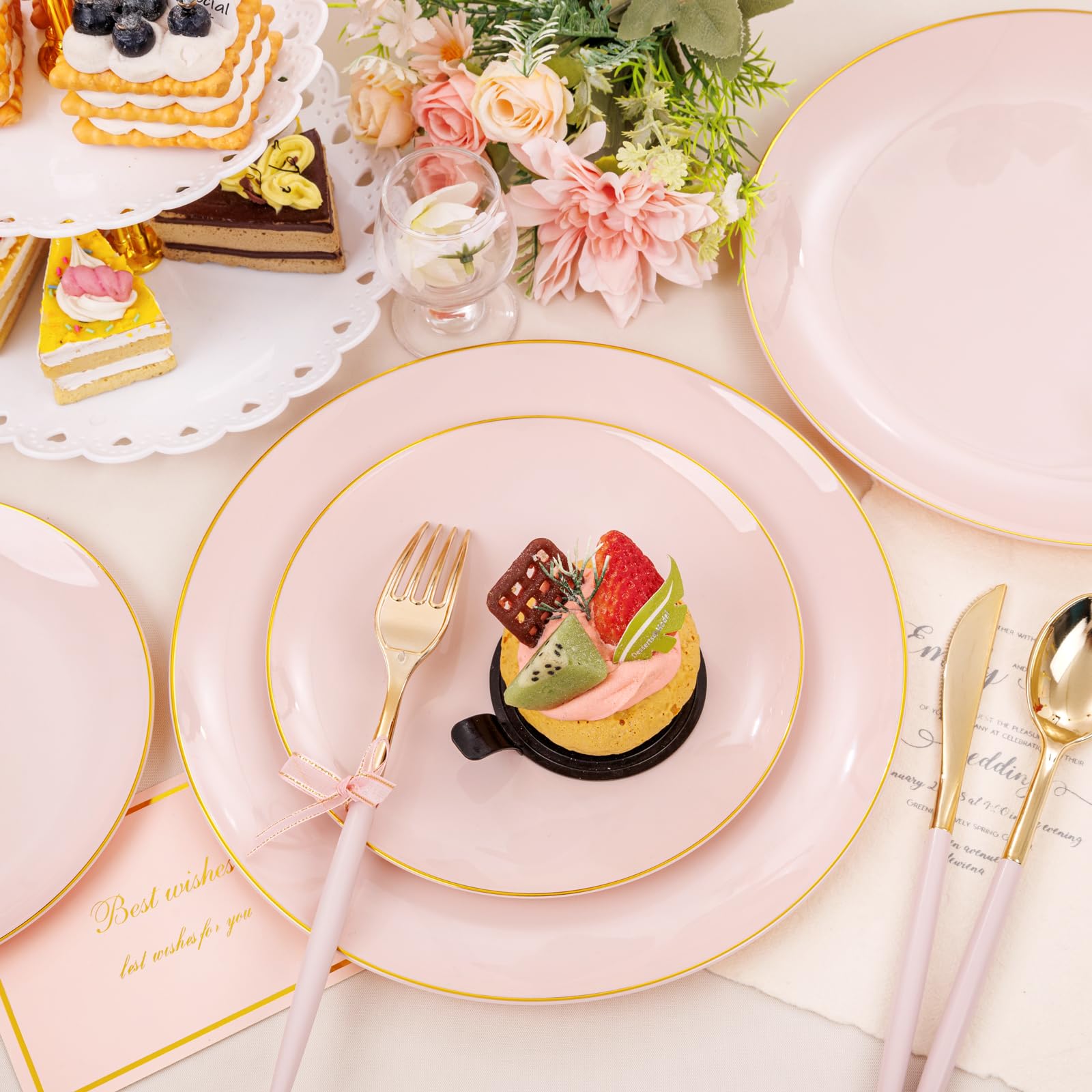 DaYammi 150Pcs Gold Plastic Plates with Disposable Silverware,White Gold Disposable Dinnerware Set - 30 Dinner Plate,30 Dessert Plate,90 Gold Cutlery with White Handles,Fancy Plates for Party Wedding