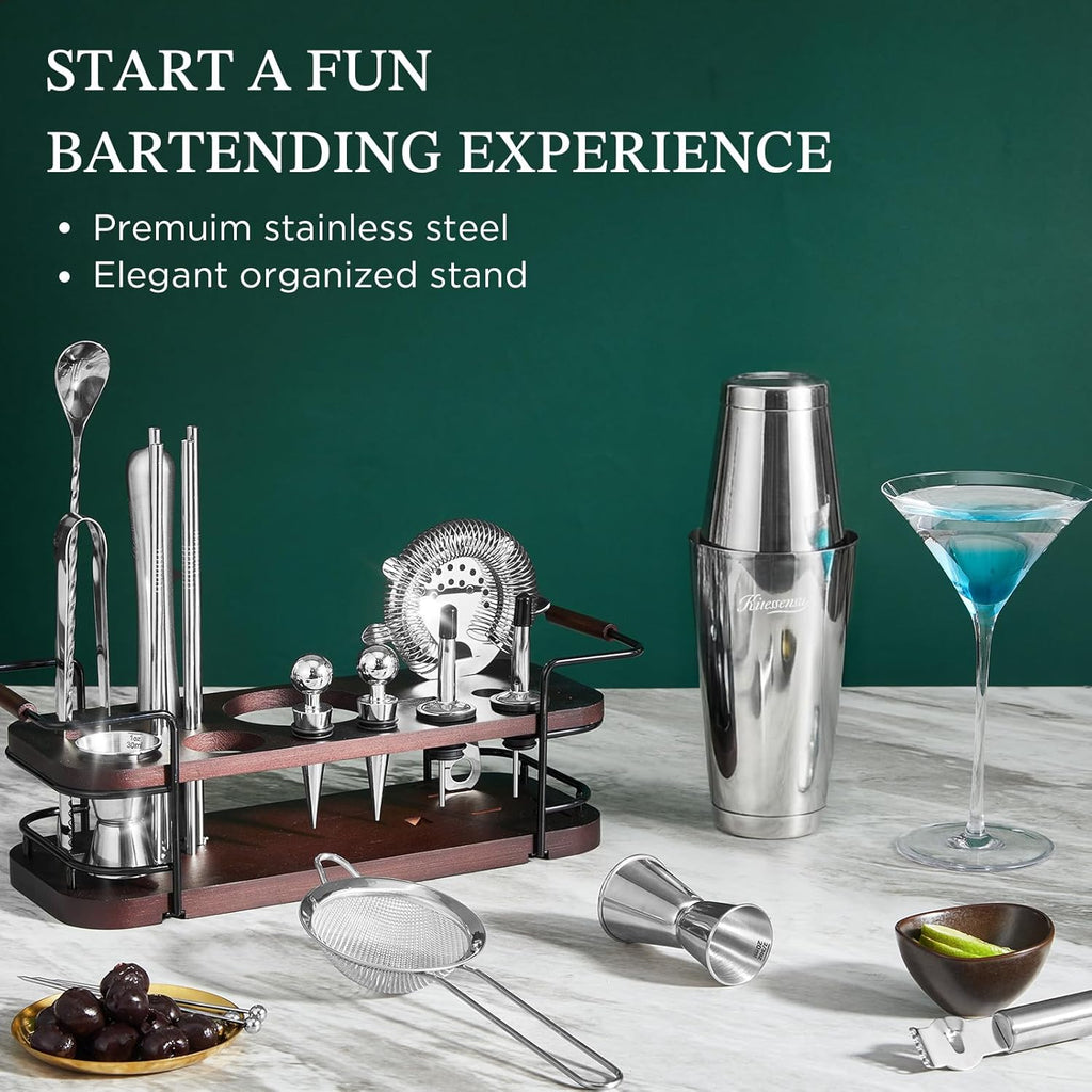 KITESSENSU Boston Shaker Set with Stand | Complete 24-Piece Bartender Cocktail Kit with All Bar Accessories