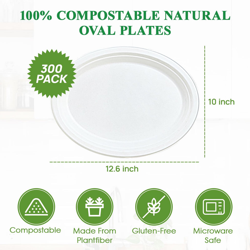 Vplus 100% Compostable Oval Paper Plates 12 inch 120 Pack Super Strong Disposable Dinner Plates Natural Biodegradable Eco-Friendly Sugarcane Plates for BBQ, Party, Gathering, and Picnic