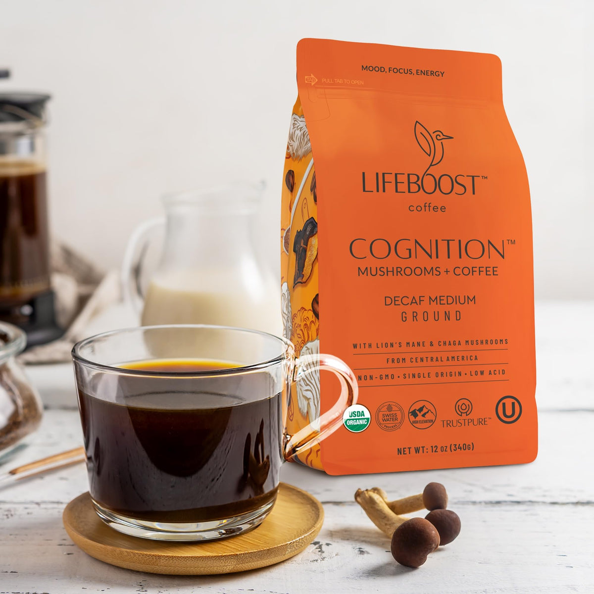 Lifeboost Cognition Mushroom Ground Coffee, Organic Low Acid, 12oz