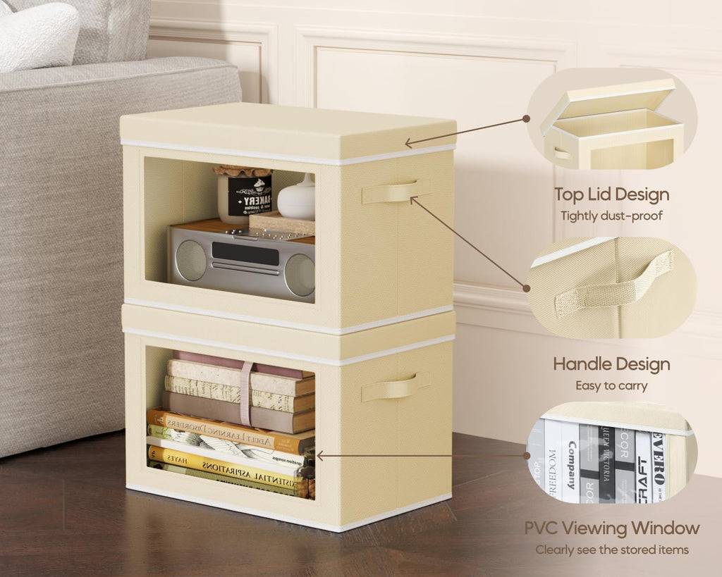 Homsorout Collapsible Storage Bins with Lids - Beige & White, Stackable Storage Containers with Window, Fabric Organizing Bins for Closet, Home & Office Organization Baskets