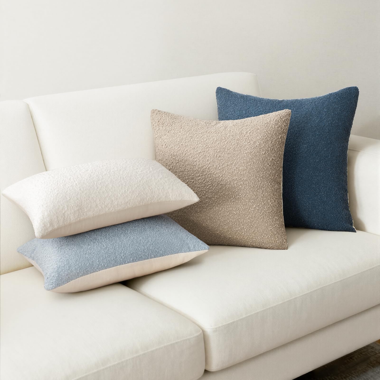 Topfinel Boucle Decorative Pillow Covers 18x18 Inches Set of 4 Neutral Cream Ivory White Pillowcase with Linen Cotton Back Chair Sofa Modern & Minimal Living Room Spring Home Decor