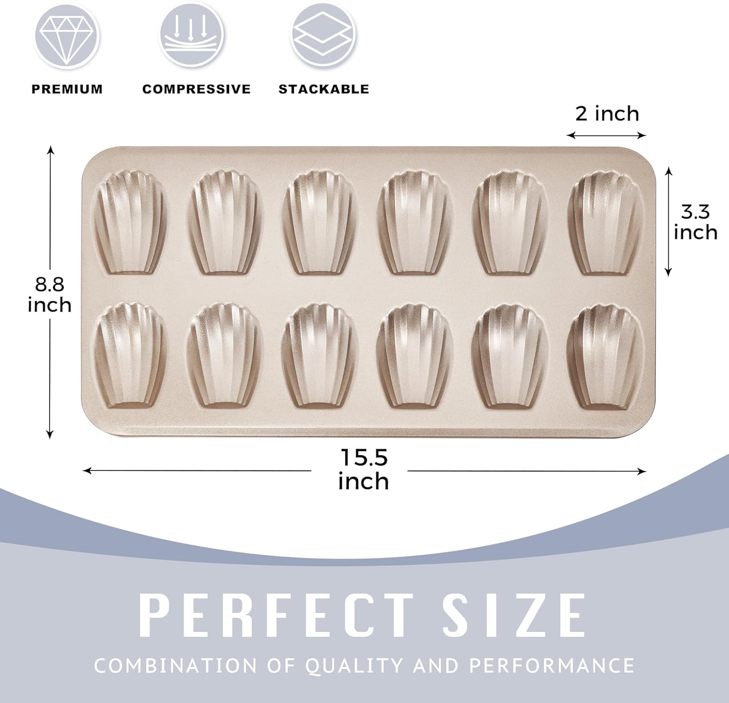 HONGBAKE Nonstick Madeleine Pan 2 Pack 12-Cavity Heavy Duty Madeleine Cookies Trays for Oven Baking, Warp Resistant Shell Shape Madeleine Mold Cake Pan, Champagne Gold