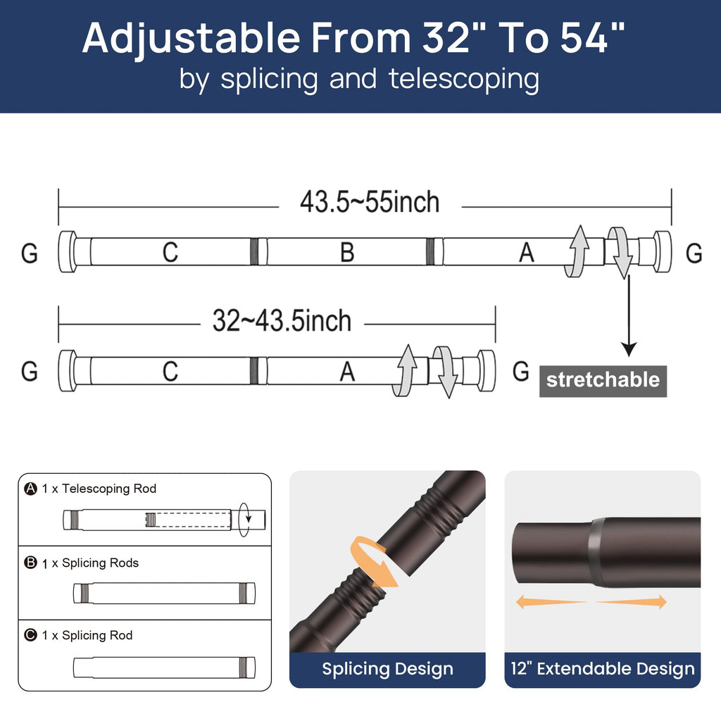 ENJOYBASICS 2 Pack Adjustable Spring Tension Curtain Rods 32 to 66 Inches, Stainless Steel Matte Black Shower Rod No Drilling for Window, Bathroom, Closet, Room Divider, 7/8" Diameter