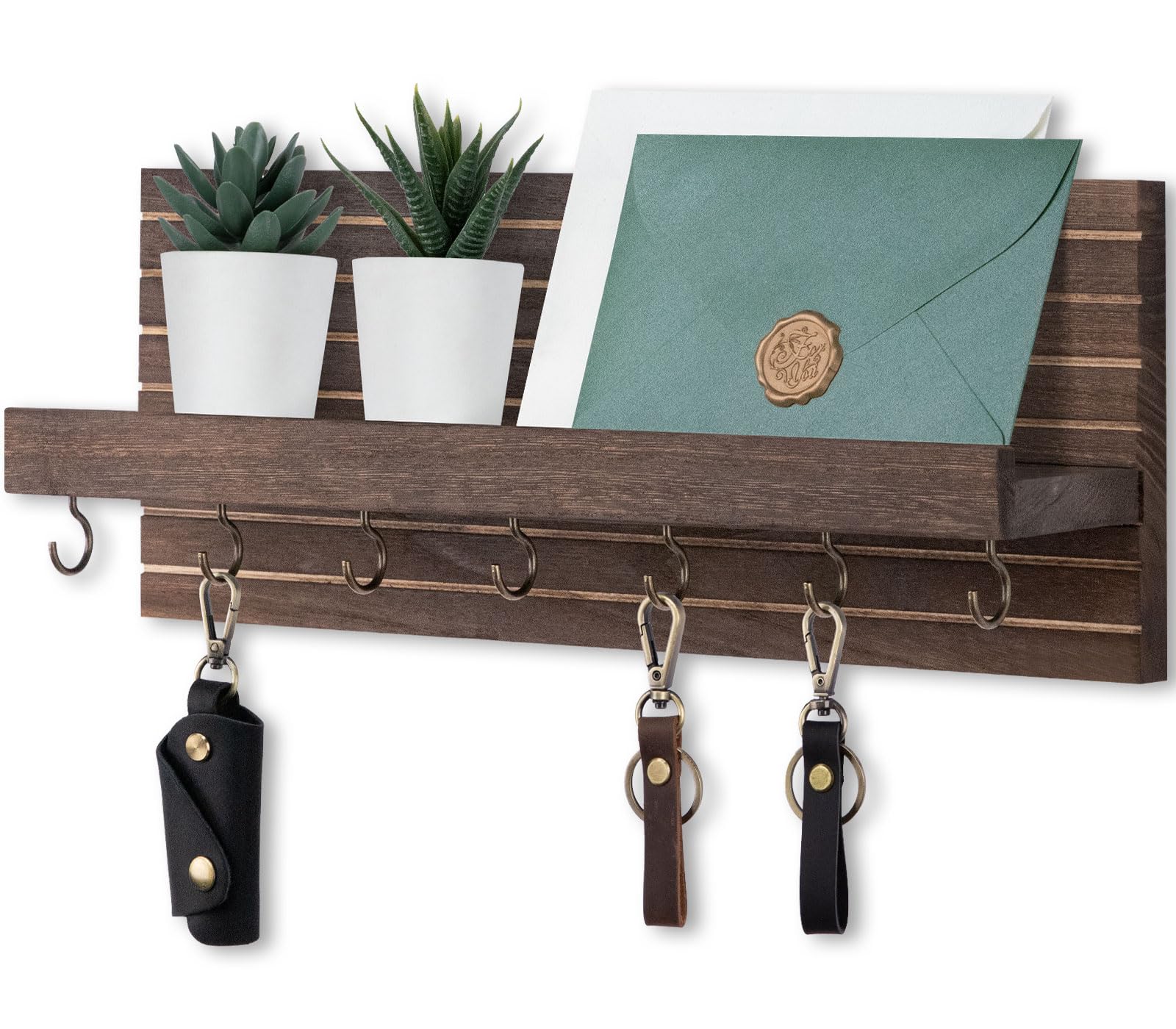 Decorative Key Holder for Wall with Shelf, Entryway Shelf with Hooks Holds Leashes, Jackets and Glasses – Sturdy Wood Keyholder Entrance Hanger with Mounting Hardware (Black, Medium)