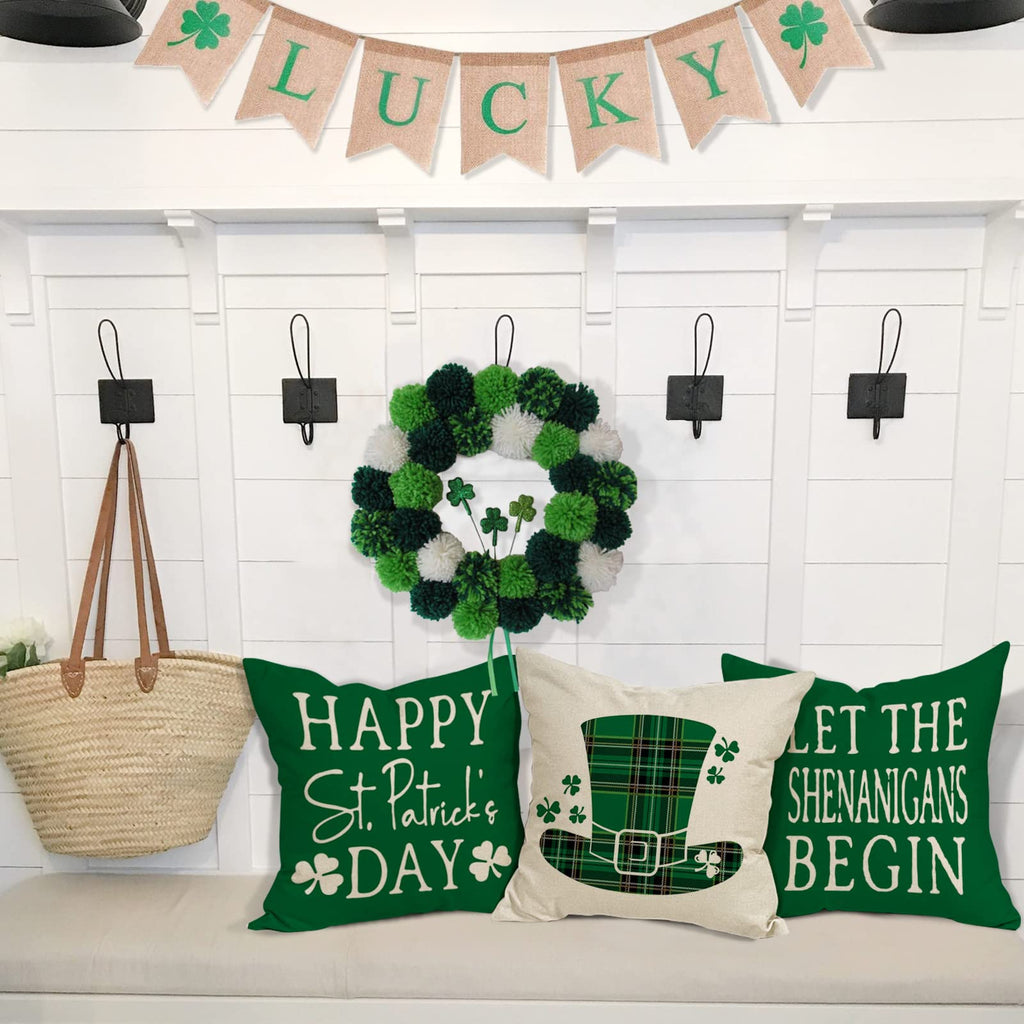 YCOLL St Patricks Day Decorations Throw Pillow Covers 18x18 Set of 4 Scottish Tartan Plaid St Patricks Day Hat Farmhouse Classic Decorative Square Cushion Cases for Sofa Couch
