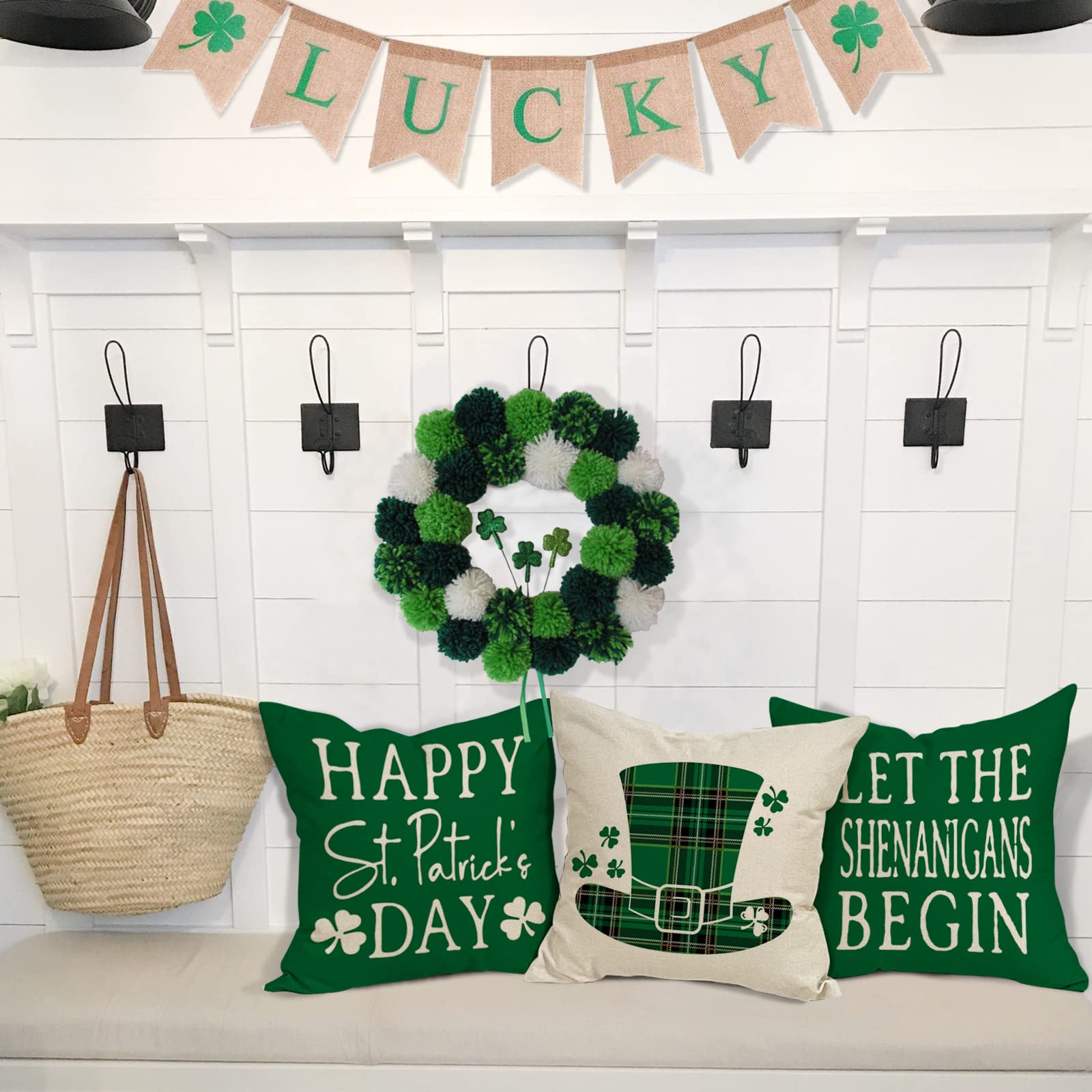 YCOLL St Patricks Day Decorations Throw Pillow Covers 18x18 Set of 4 Scottish Tartan Plaid St Patricks Day Hat Farmhouse Classic Decorative Square Cushion Cases for Sofa Couch