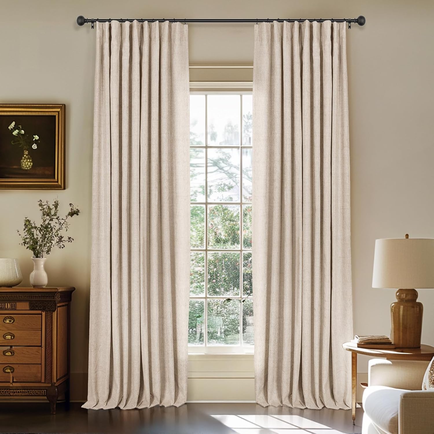 INOVADAY 100% Blackout Curtains for Bedroom, Black Out Curtains 84 Inch Long, Clip Rings Linen Blackout Drapes, Thermal Insulated Room Darkening for Living Room, 2 Panels - Beige,W50xL84
