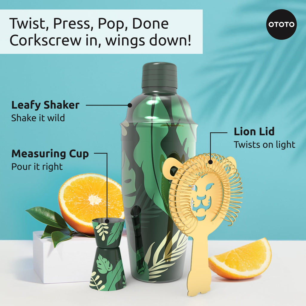 New - OTOTO Sip Safari Jungle Cocktail Shaker Set - Bartender Kit with Lion Cap, Bar Cart Accessories, Bartender Bar Accessories, Party Essentials, Cute Accessories, Unique Gifts, Kitchen Must Haves