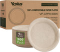 Vplus 500 Pack Paper Plates 9 inch 100% Compostable, Heavy-Duty Disposable Paper Plates Bagasse Natural Biodegradable Eco-Friendly Sugarcane（Nature）