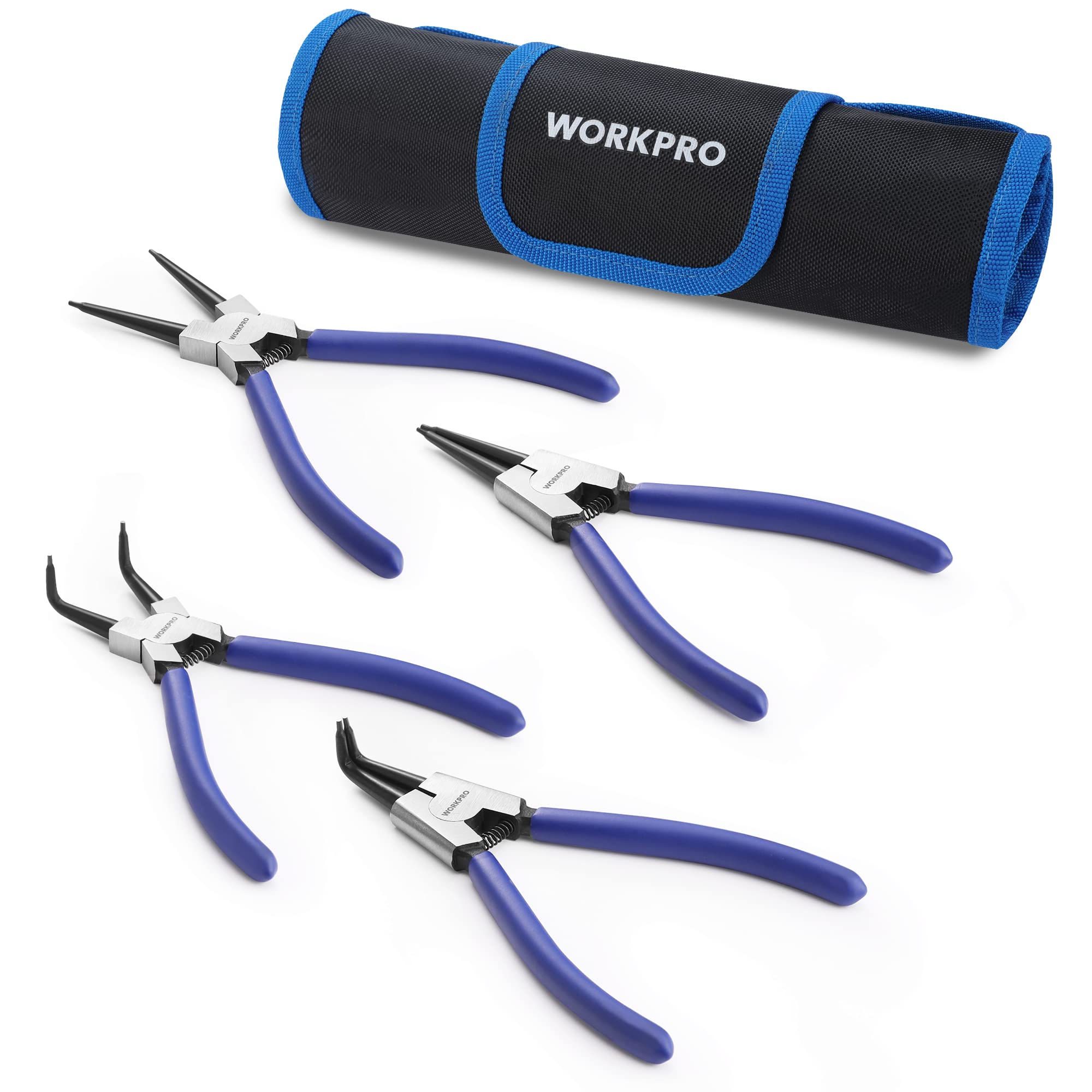 WORKPRO 4-Piece Snap Ring Pliers Set - Heavy Duty 7-inch Internal/External Circlip Pliers Kit (Tip Diameter 5/64'')-Straight/Bent Jaw - Cr-V Steel - For Ring Remover Retaining- Storage Pouch Included