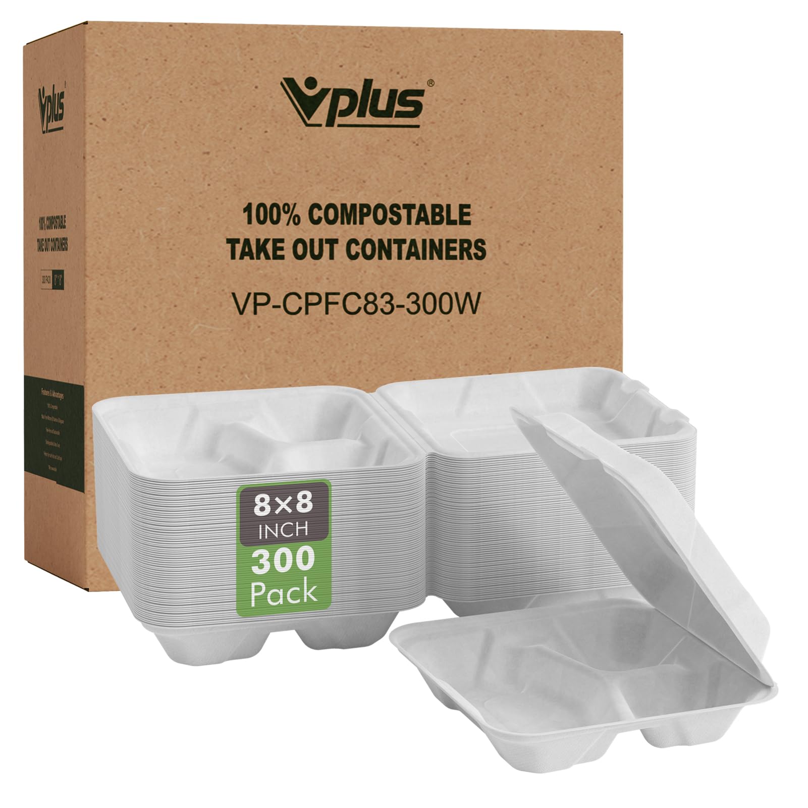 Vplus 100% Compostable Clamshell Take Out Food Containers, 90 PACK 8 inch x 8 inch Eco-Friendly Disposable 3 Compartment, Heavy-Duty Bagasse To-Go Containers for Next Day Lunch, Potluck Party