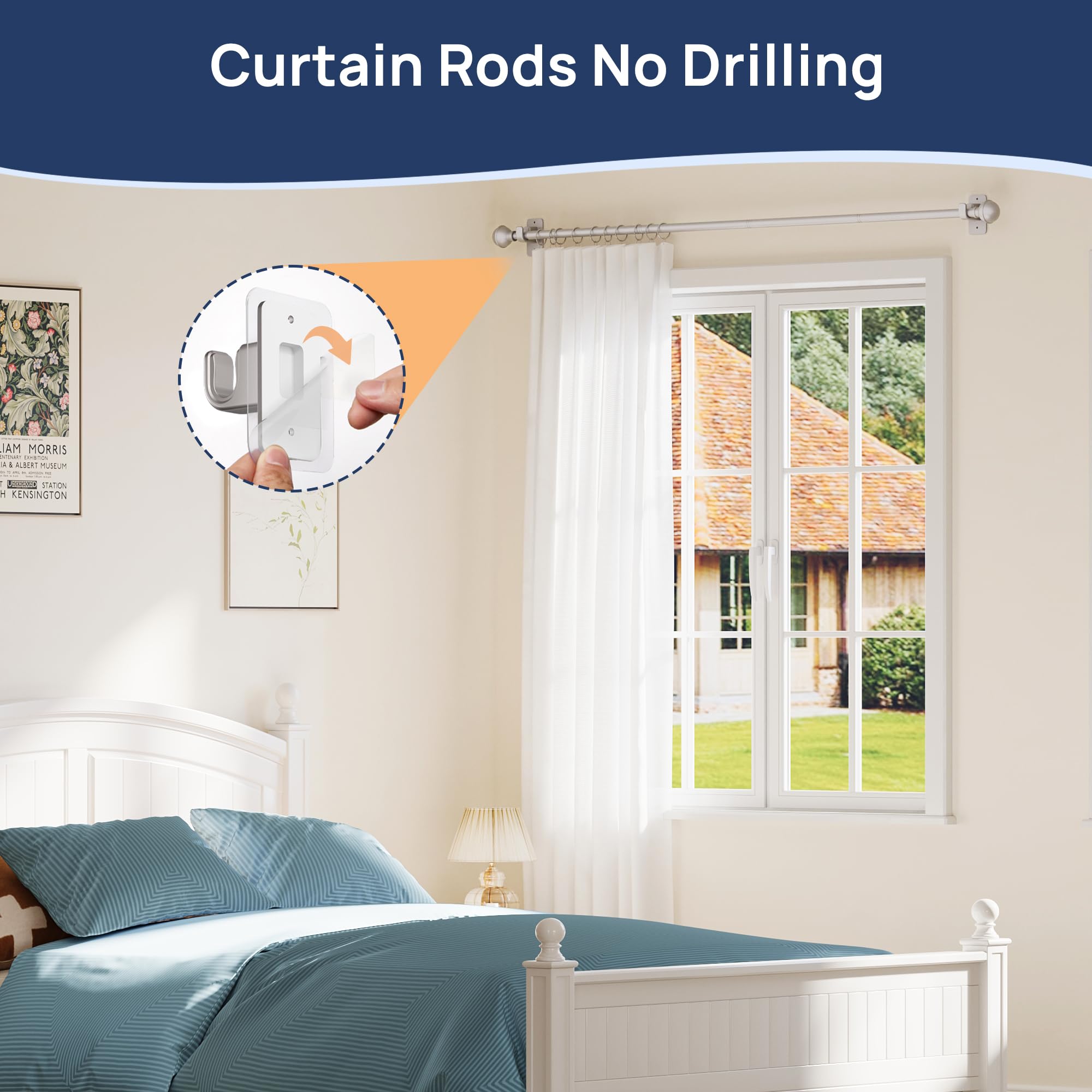 ENJOYBASICS No Drill Curtain Rods for Window 28 to 47 Inches, 5/8 Inch Diameter Renter Friendly Drapery Rod with Adhesive Brackets without Drilling, Adjustable from 27 to 52 Inches, Black