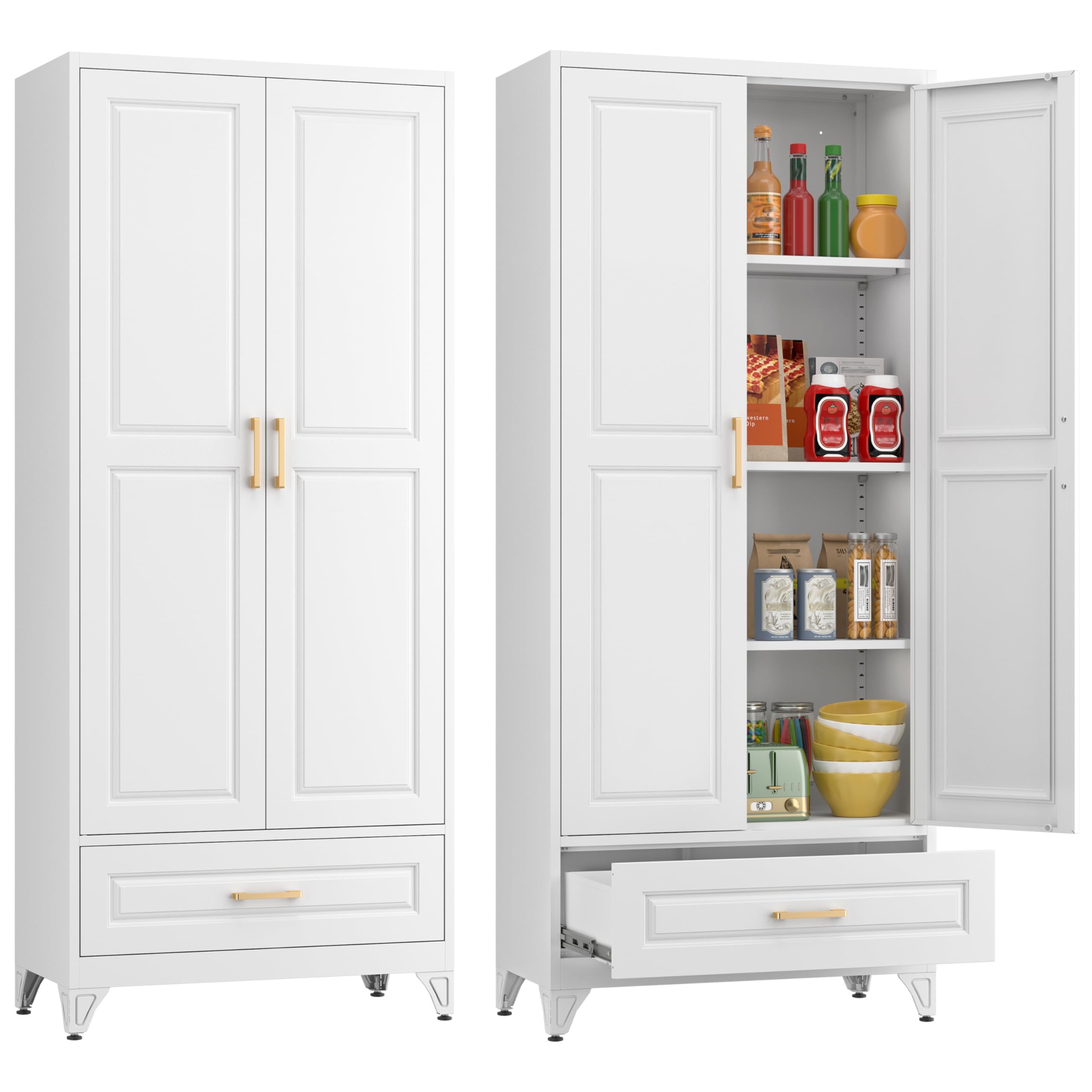 Polup White Kitchen Pantry Cabinet, 71 Inch Tall Metal Storage Cabinet with Doors and Shelves, Pantry Cabinets for Kitchen Storage, Freestanding Cupboard for Living, Dining Room, Assemble Required