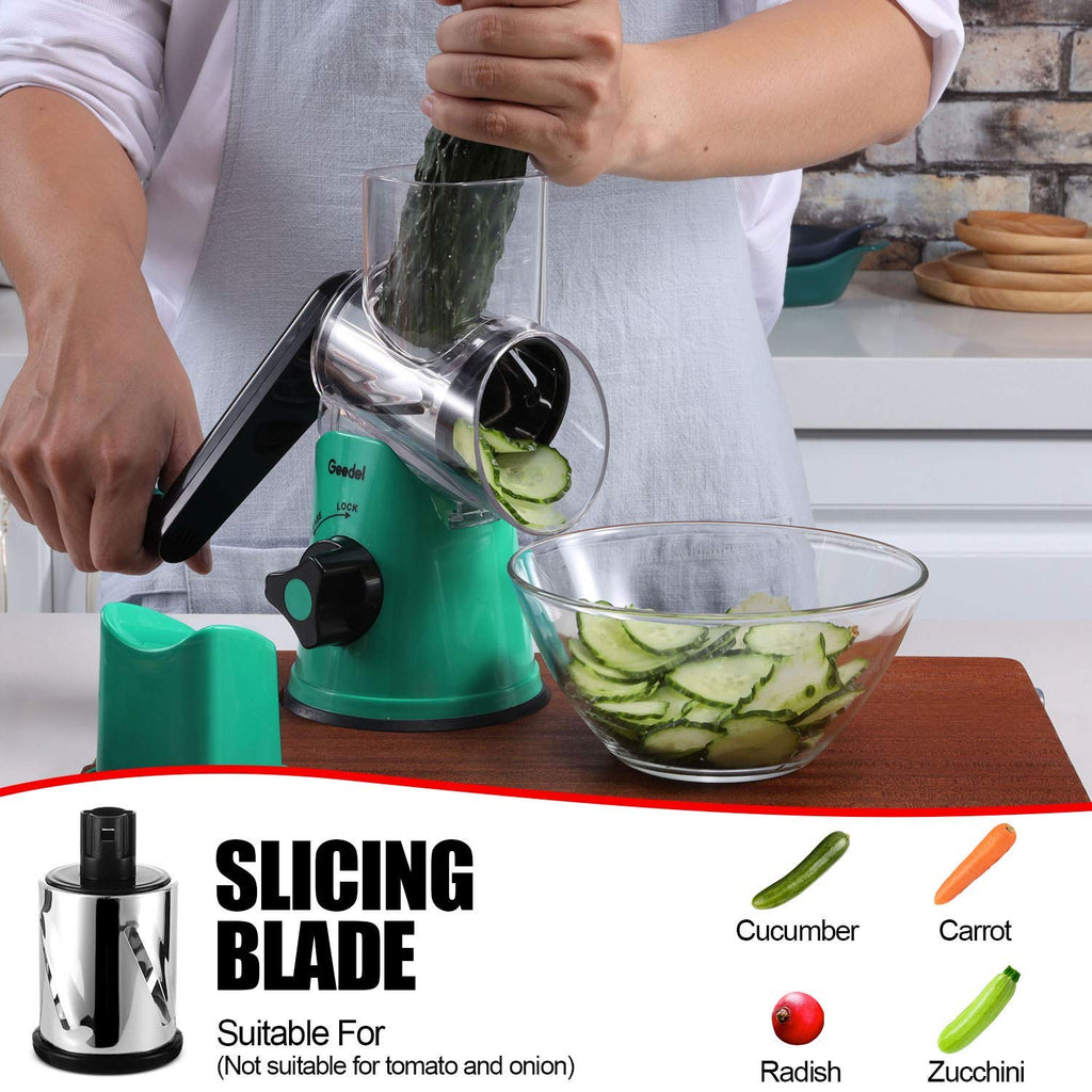 Geedel Rotary Cheese Grater, Kitchen Mandoline Vegetable Slicer with 3 Interchangeable Blades, Easy to Clean Rotary Grater Slicer for Fruit, Vegetables, Nuts