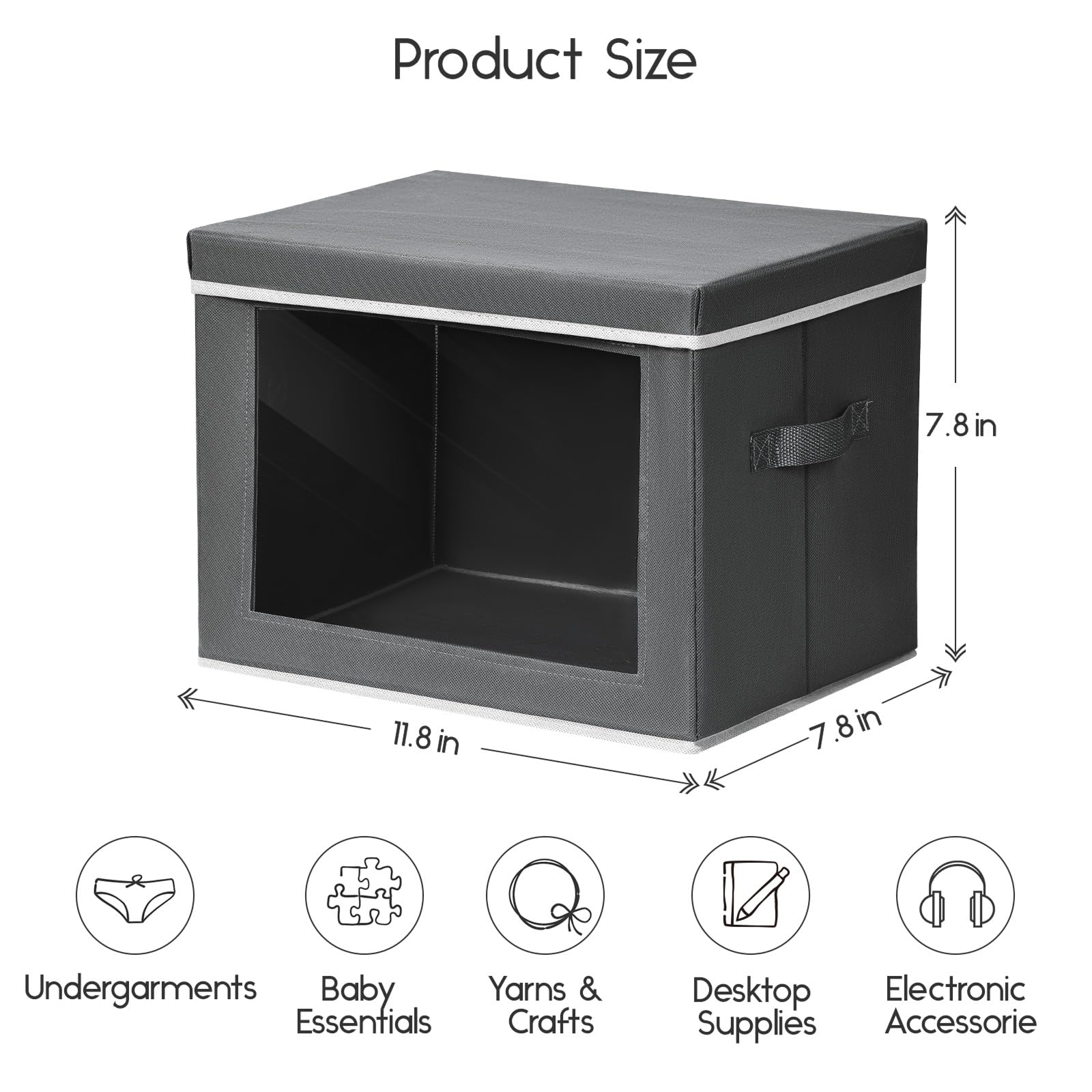Homsorout Storage Bins with Lids - Fabric Storage Boxe with Window, Collapsible Closet Organizers with Handles, 3 Pack Decorative Bin, Home Cubes Baskets for Clothes, Hat, Books, Dark Grey