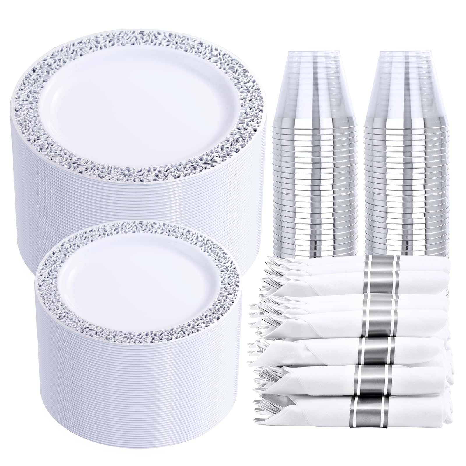 DaYammi 350PCS Gold Plastic Dinnerware Set for 50 Guests, Fancy Disposable Plates for Party, Include: 50 Dinner Plates, 50 Dessert Plates, 50 Pre Rolled Napkins with Gold Silverware, 50 Cups