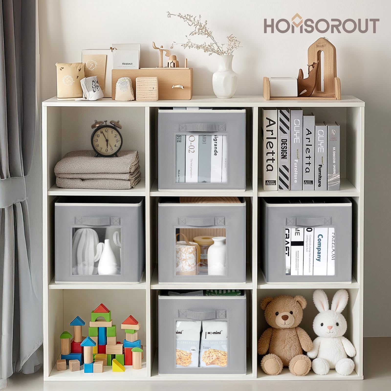 Homsorout Storage Cube 11 Inch - Cube Storage Bins with Window, Closet Storage Baskets with Handle, Fabric Bins for Closet, Shelves, Toys, Clothes, Set of 6, Grey