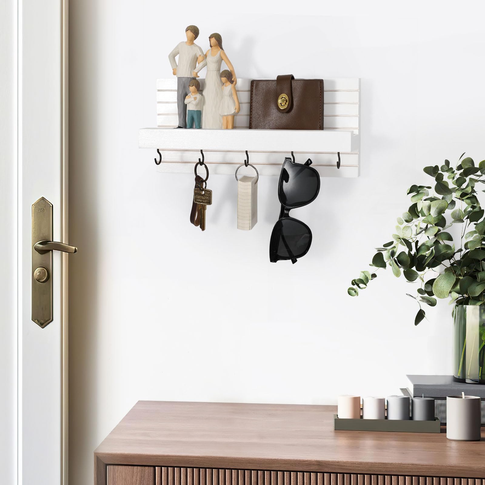 Decorative Key Holder for Wall with Shelf, Entryway Shelf with Hooks Holds Leashes, Jackets and Glasses – Sturdy Wood Keyholder Entrance Hanger with Mounting Hardware (Black, Medium)
