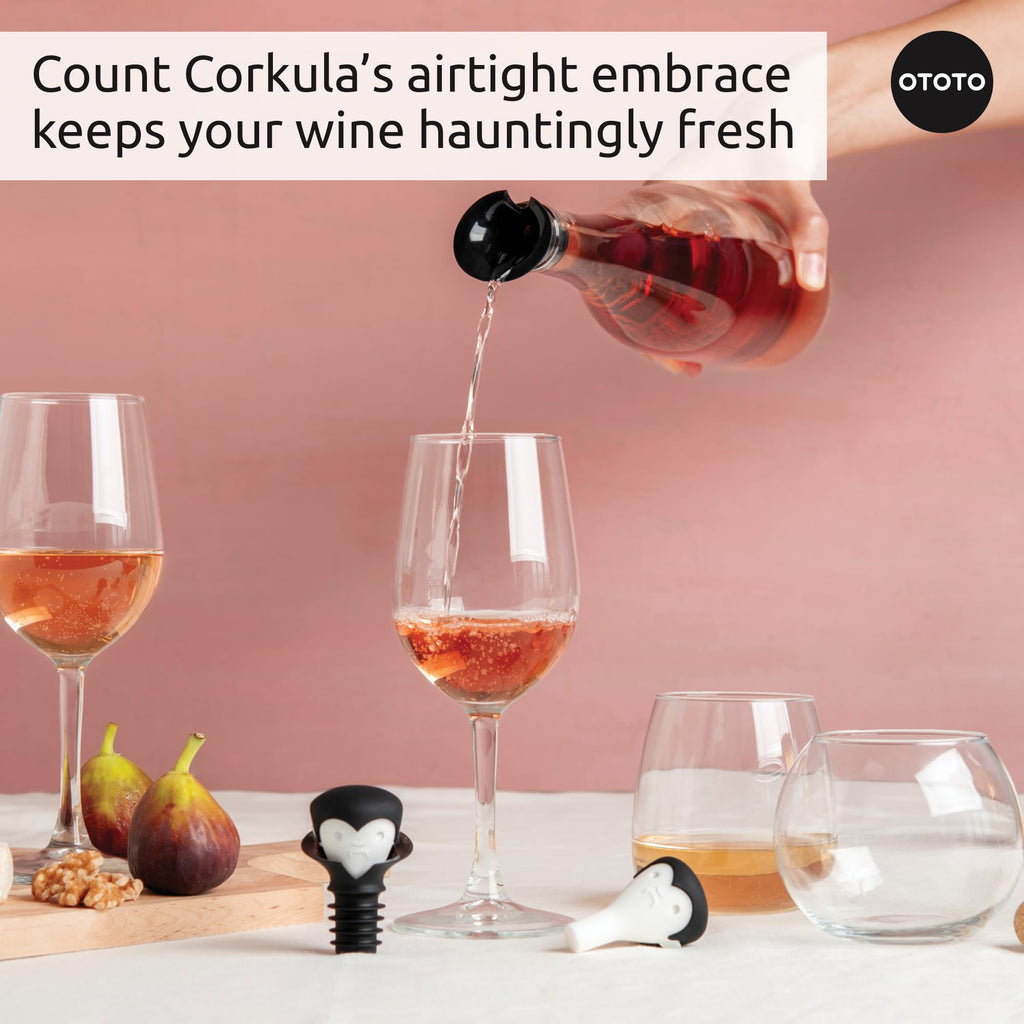 OTOTO Wine Stoppers & Pourer - Halloween Gifts for Wine Lovers, Spooky Wine Bottle Stopper, Wine Goth Accessories, Fun Kitchen Gadgets (Count Corkula)