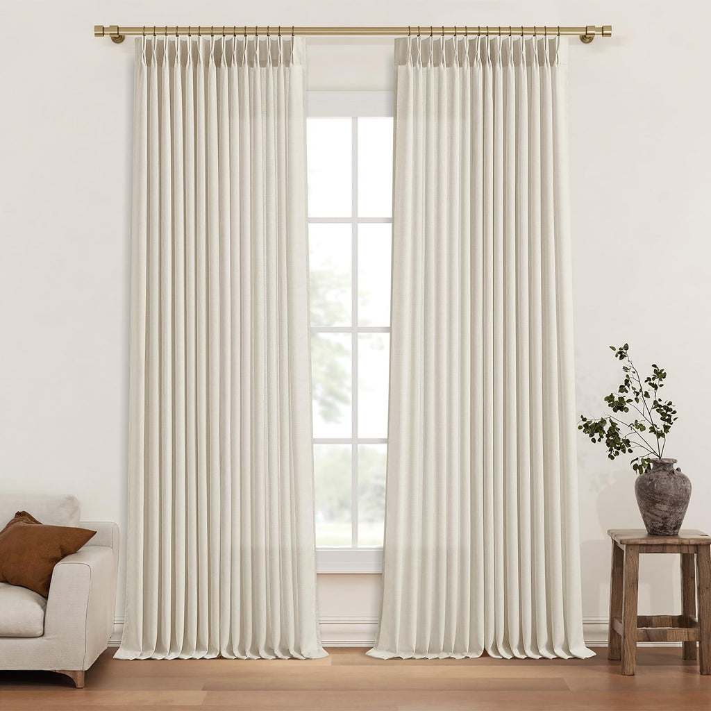Pinch Pleated Linen Curtains 96 Inches Extra Long Olive Green Drapes, Thick Linen Light Filtering Memory Trained Pleat Curtain for Living Room and Bedroom Privacy 2 Panels Texture with Back Tab