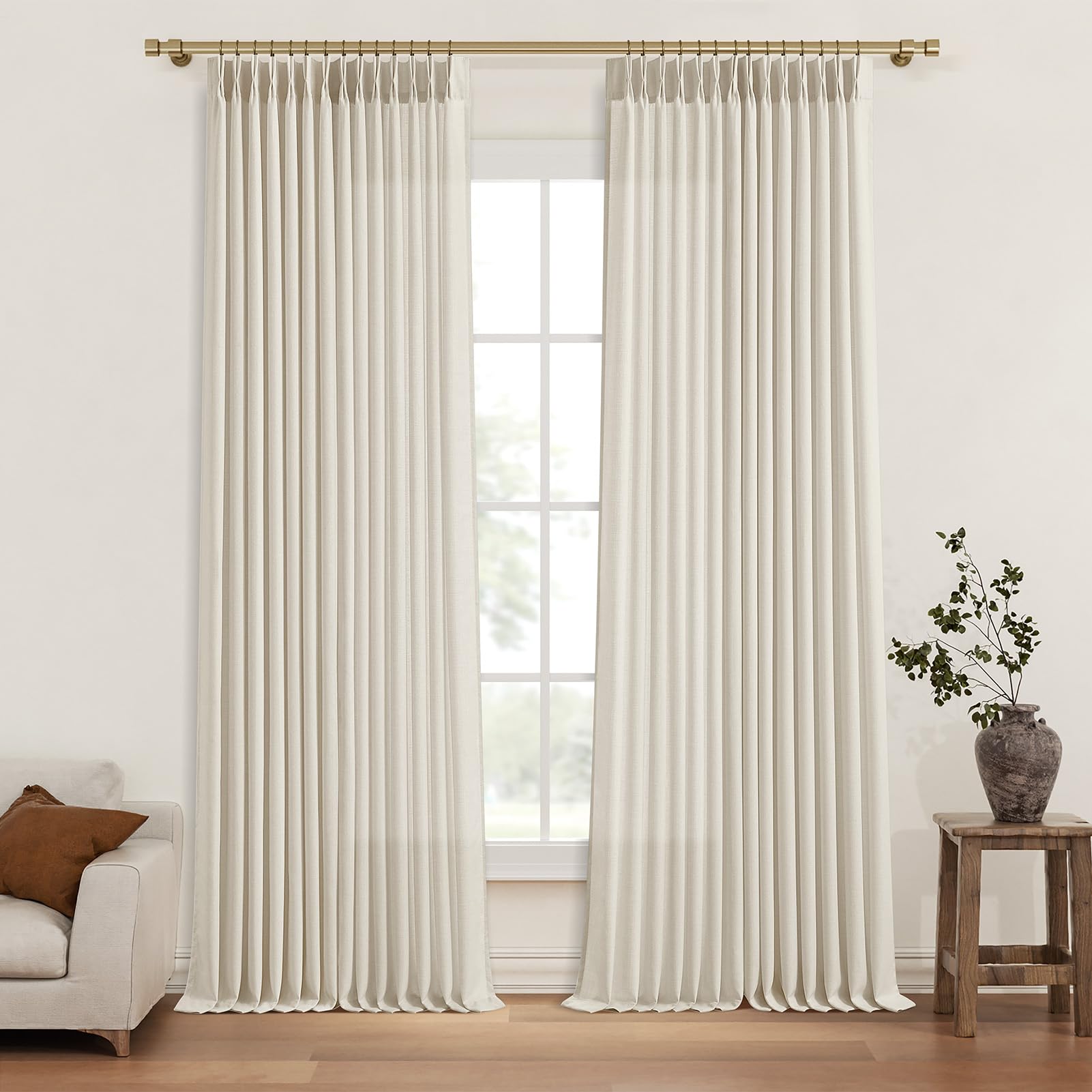 Pinch Pleated Linen Curtains 96 Inches Extra Long Olive Green Drapes, Thick Linen Light Filtering Memory Trained Pleat Curtain for Living Room and Bedroom Privacy 2 Panels Texture with Back Tab
