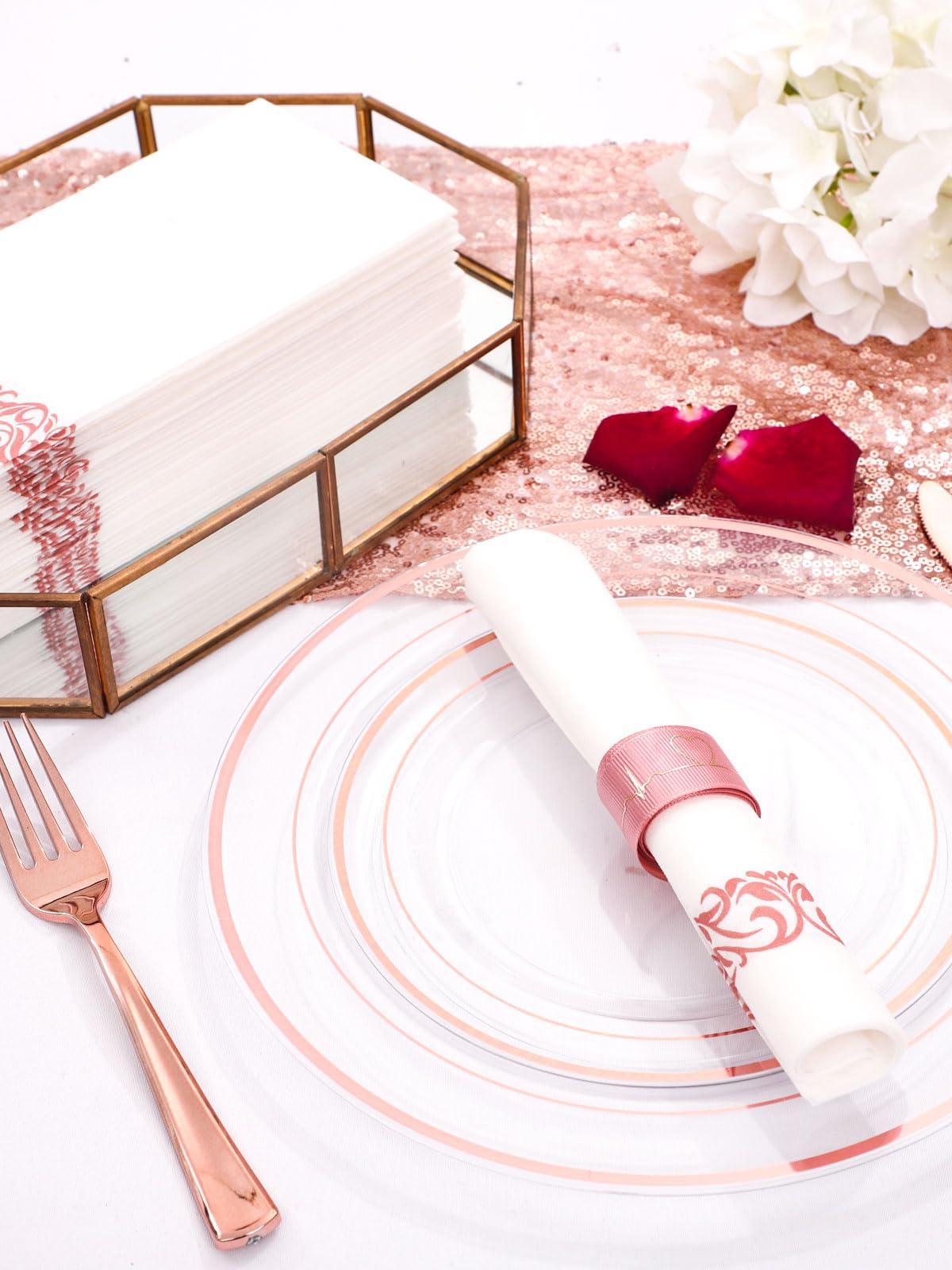 DaYammi 350PCS Gold Plastic Dinnerware Set for 50 Guests, Fancy Disposable Plates for Party, Include: 50 Dinner Plates, 50 Dessert Plates, 50 Pre Rolled Napkins with Gold Silverware, 50 Cups
