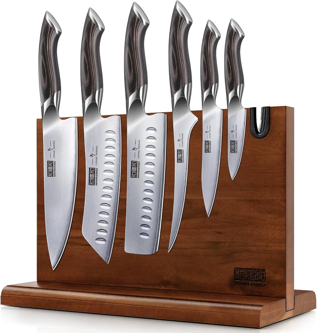 HOSHANHO 7 Pieces Kitchen Knife Set, Japanese High Carbon Stainless Steel Magnetic Knife Block Set, Ultra Sharp Chef Knives Sets with Ergonomic Pakkawood Handle