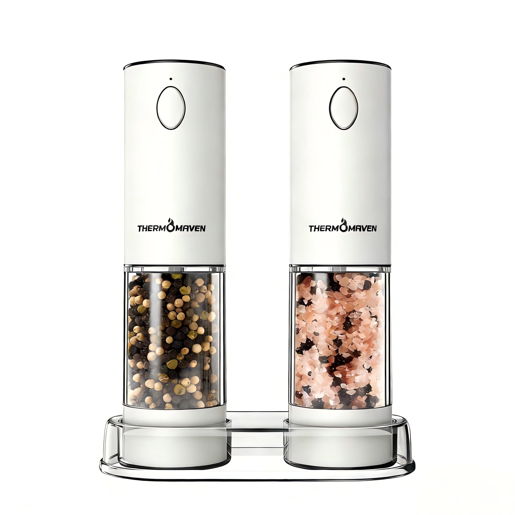 ThermoMaven Upgraded Larger Capacity Electric Salt and Pepper Grinder Set, 110ml Rechargeable Salt and Pepper Shaker with LED Light, Stainless Steel Automatic Pepper Mill with 6 Adjustable Coarseness