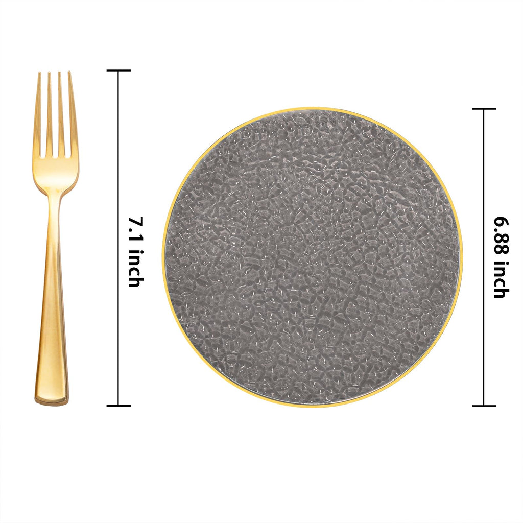 DaYammi 240Pcs Gold Plastic Plates Including 120Pcs Dessert Plates and 120Pcs Cake Forks,Hammered Party Plate,Clear Gold Appetizer plates Heavy duty Disposable Plastic Plate for Party Wedding Birthday