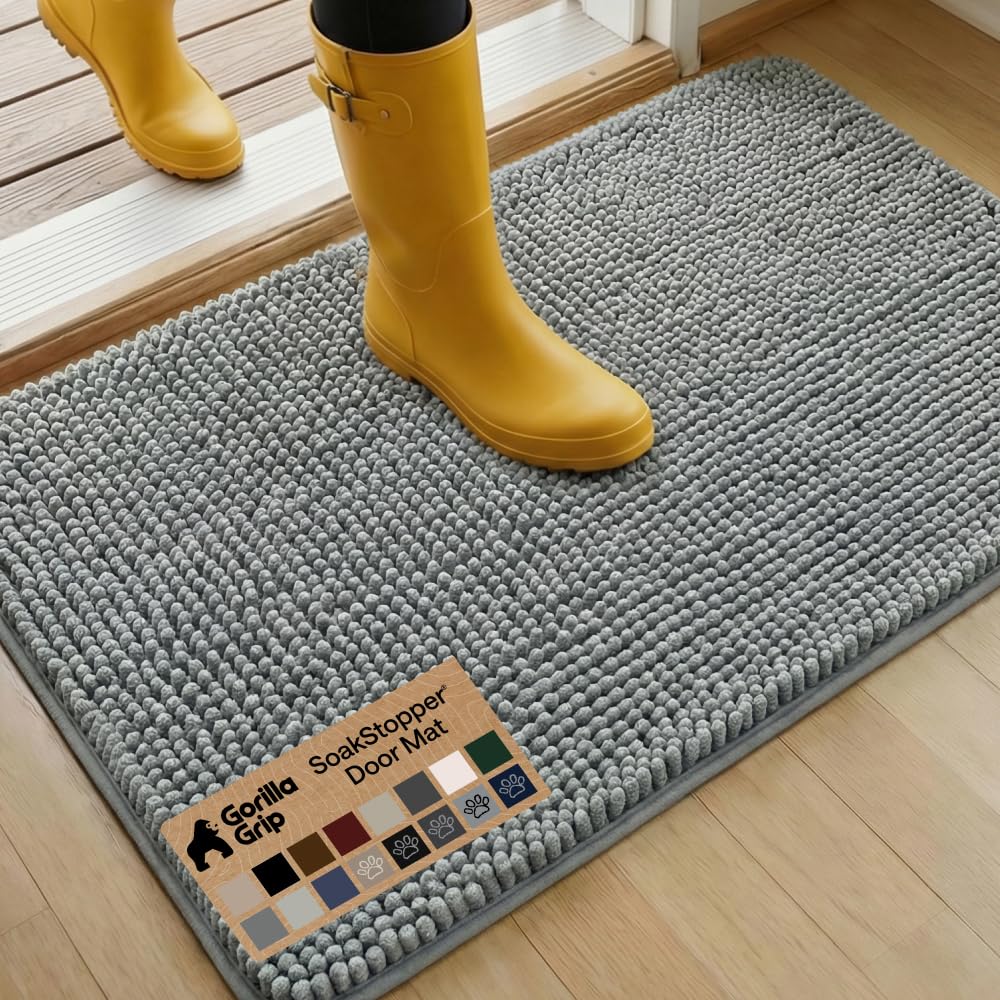 GORILLA GRIP SoakSTOPPER Dog Door Mat, Machine Washable Rug Absorbent Doormat Captures Moisture Mud Dirt, Quick Dry Soft Chenille Entryway Rugs Indoor Entrance Mats for Dog Paws, 24x17 Grey