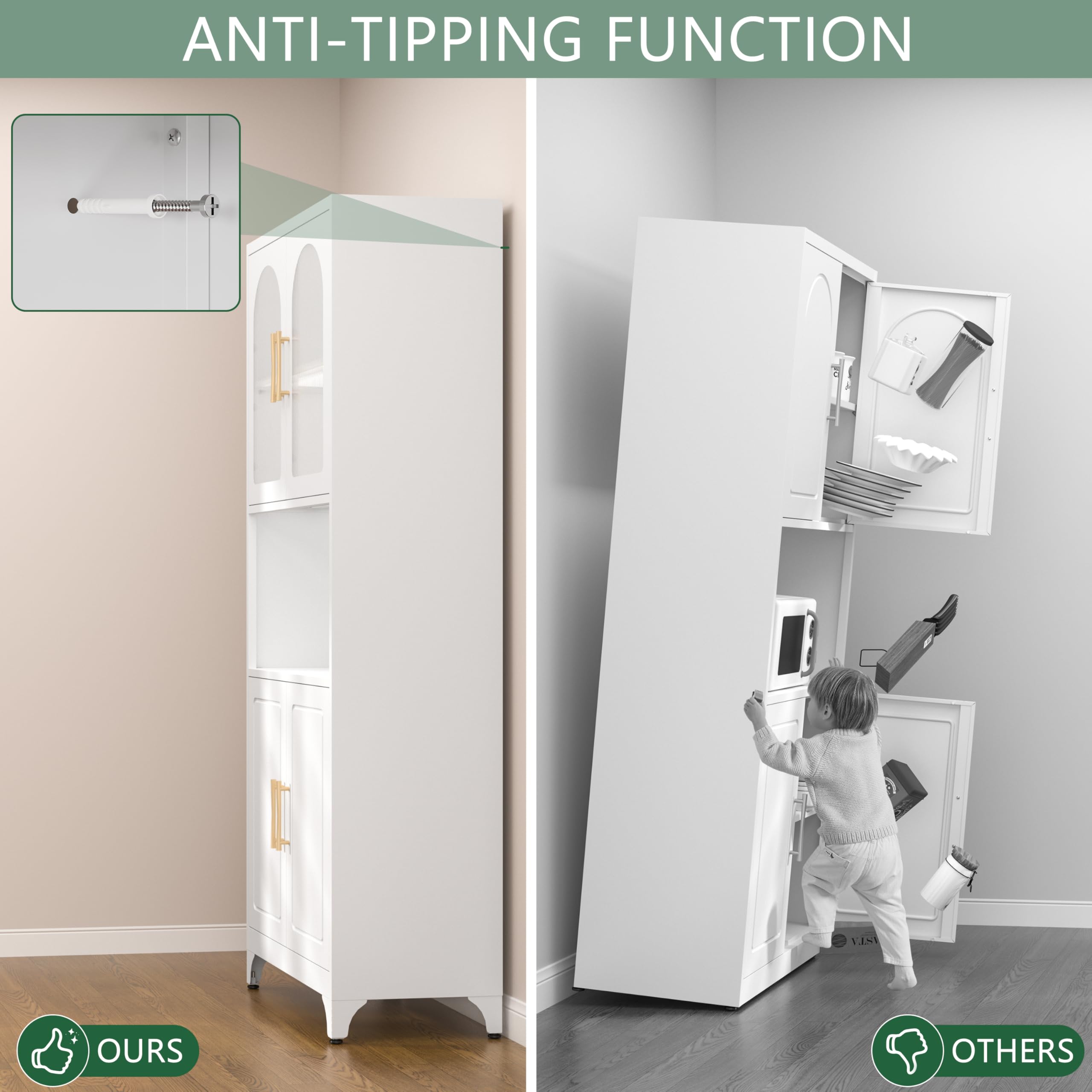 75" Tall Metal Kitchen Storage Cabinet,White Kitchen Pantry Storage Cabinet with Doors and 4 Adjustable Shelves,Utility Cabinet for Living Room,Garage,Dining Room and Office,Assemble Required