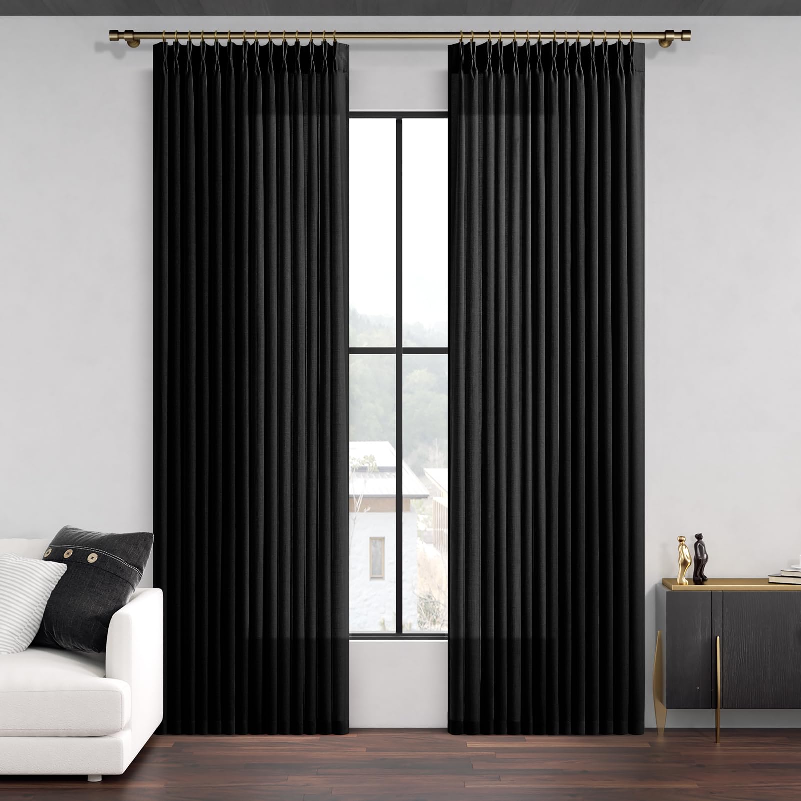 Pinch Pleated Linen Curtains 96 Inches Extra Long Olive Green Drapes, Thick Linen Light Filtering Memory Trained Pleat Curtain for Living Room and Bedroom Privacy 2 Panels Texture with Back Tab