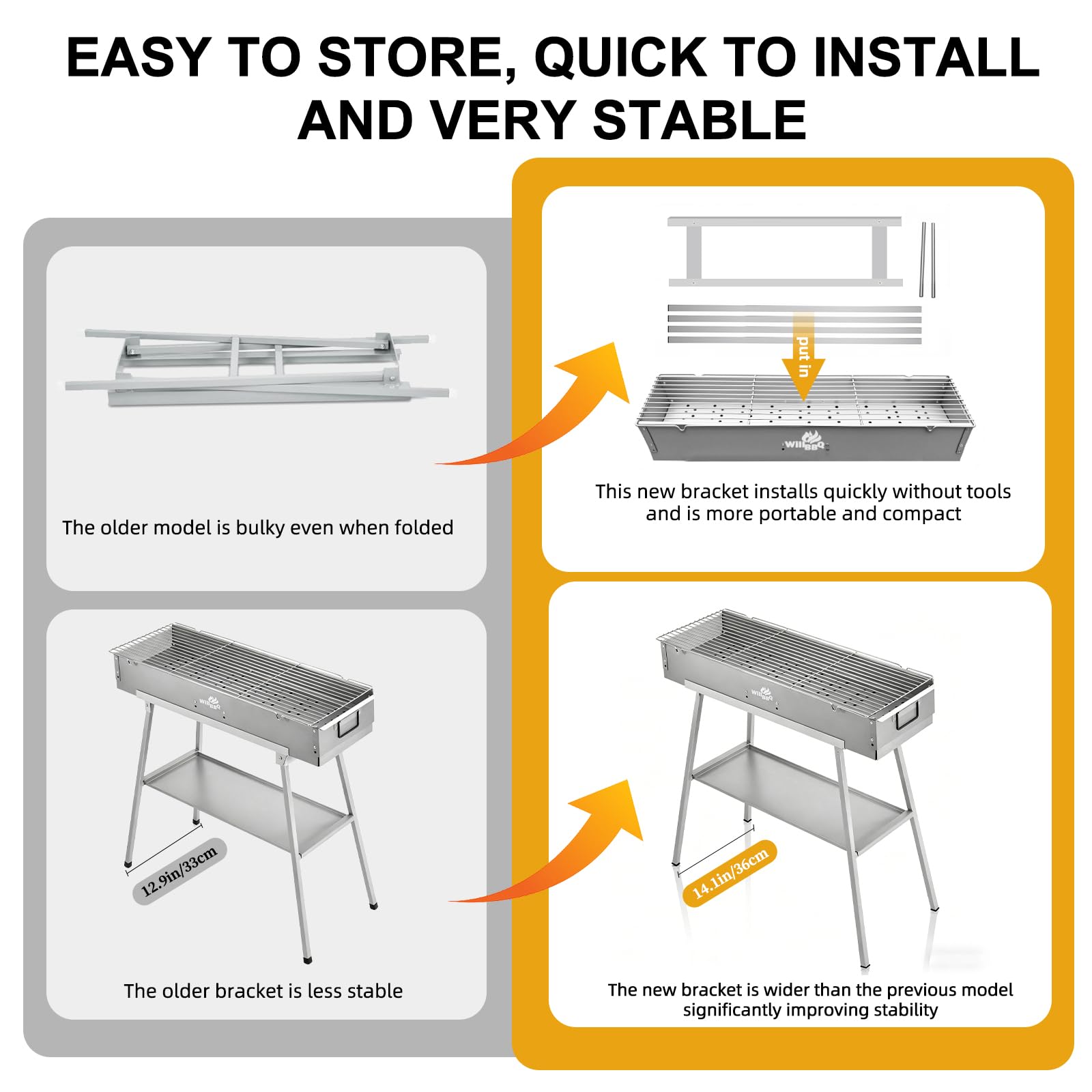 WILLBBQ Charcoal Grill Tailgate Parties, Patio, Beach Barbecues, Backyard Gatherings,Alloy Steel BBQ Barbecue Outdoor Grilling with Durable Support Frame and Dual Adjustable Vents (31.6x7.1x5.1 inch)