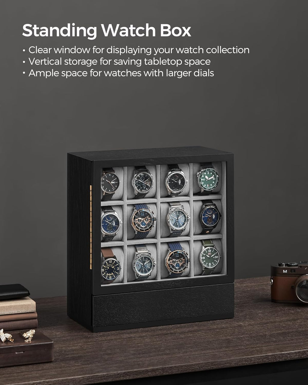SONGMICS 12-Slot Watch Box, Watch Display Case with Window, Solid Wood Veneer, Velvet Lining, Vertical Storage, Space Saving, Gift Idea, Ebony Black UJOW014B01