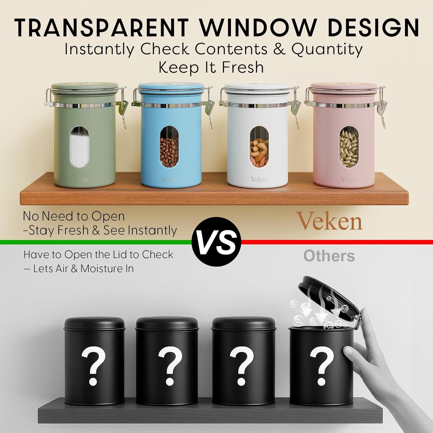 Veken Coffee Canister with Window,Airtight Stainless Steel Kitchen Food Storage Container, Date Tracker & Scoop for Grounds Coffee, Beans, Tea,Flour,Cereal,Sugar,22OZ,Copper