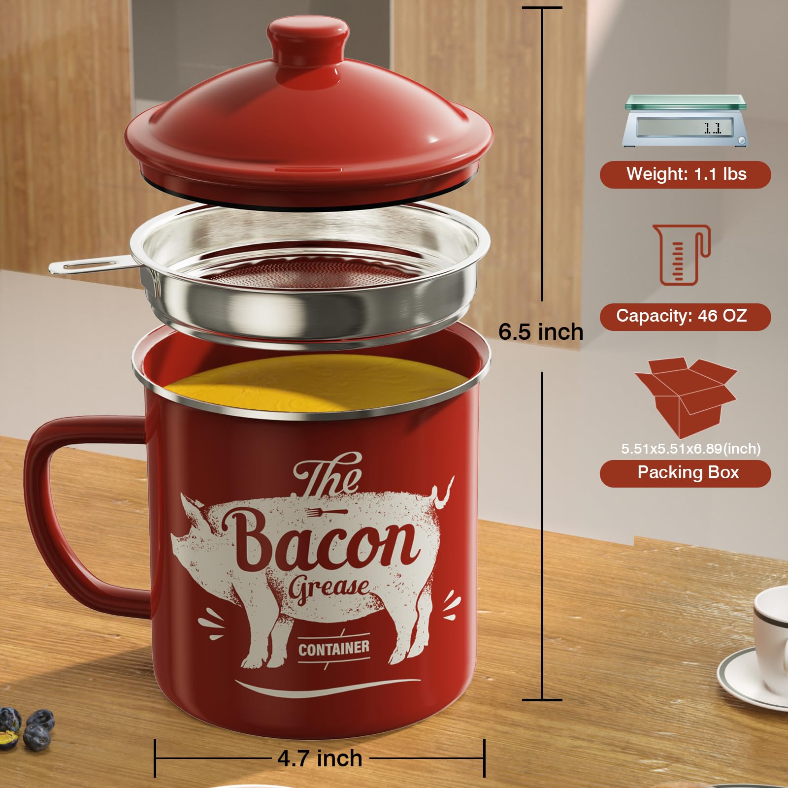 PGYARD Mini Bacon Grease Container With Strainer - 15OZ Enamel Grease Saver, Farmhouse Bacon Grease Keeper For Kitchen Fat Storage, Dishwasher Safe-Red