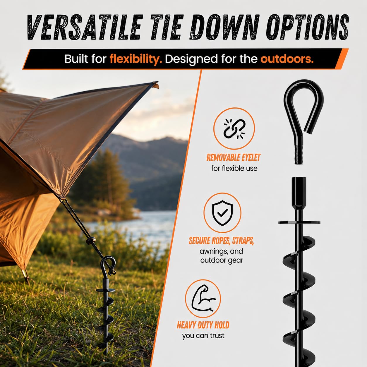 Ground Anchors Screw in Heavy Duty - 4 Pack with Power Nut Driver Drill Bit, Spiral Ground Stakes, Swing Set Anchors, Trampoline Tie Down Kit, High Wind Tent Stakes for Canopy, Car Port, RV Awning