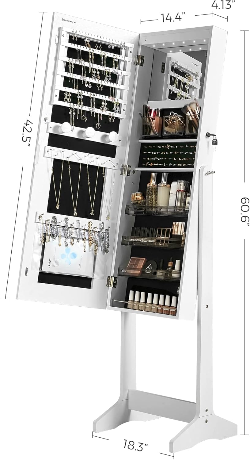 SONGMICS LED Mirror Jewelry Cabinet, Adjustable Brightness and 3 Shades of Light, Standing Jewelry Armoire with Full-Length Mirror, Jewelry Organizer with Built-in Mirror and Lights, White UJJC016W01