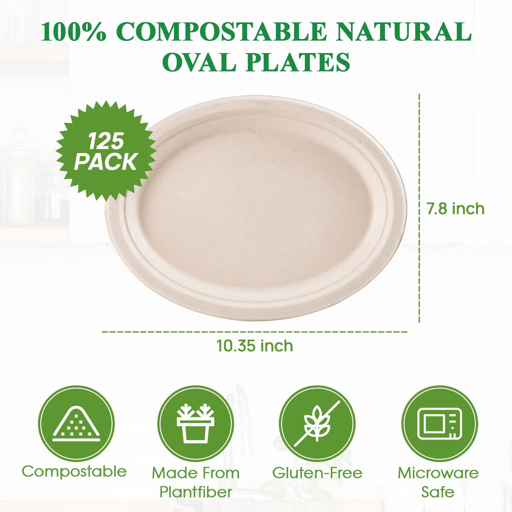 Vplus 100% Compostable Oval Paper Plates 12 inch 120 Pack Super Strong Disposable Dinner Plates Natural Biodegradable Eco-Friendly Sugarcane Plates for BBQ, Party, Gathering, and Picnic