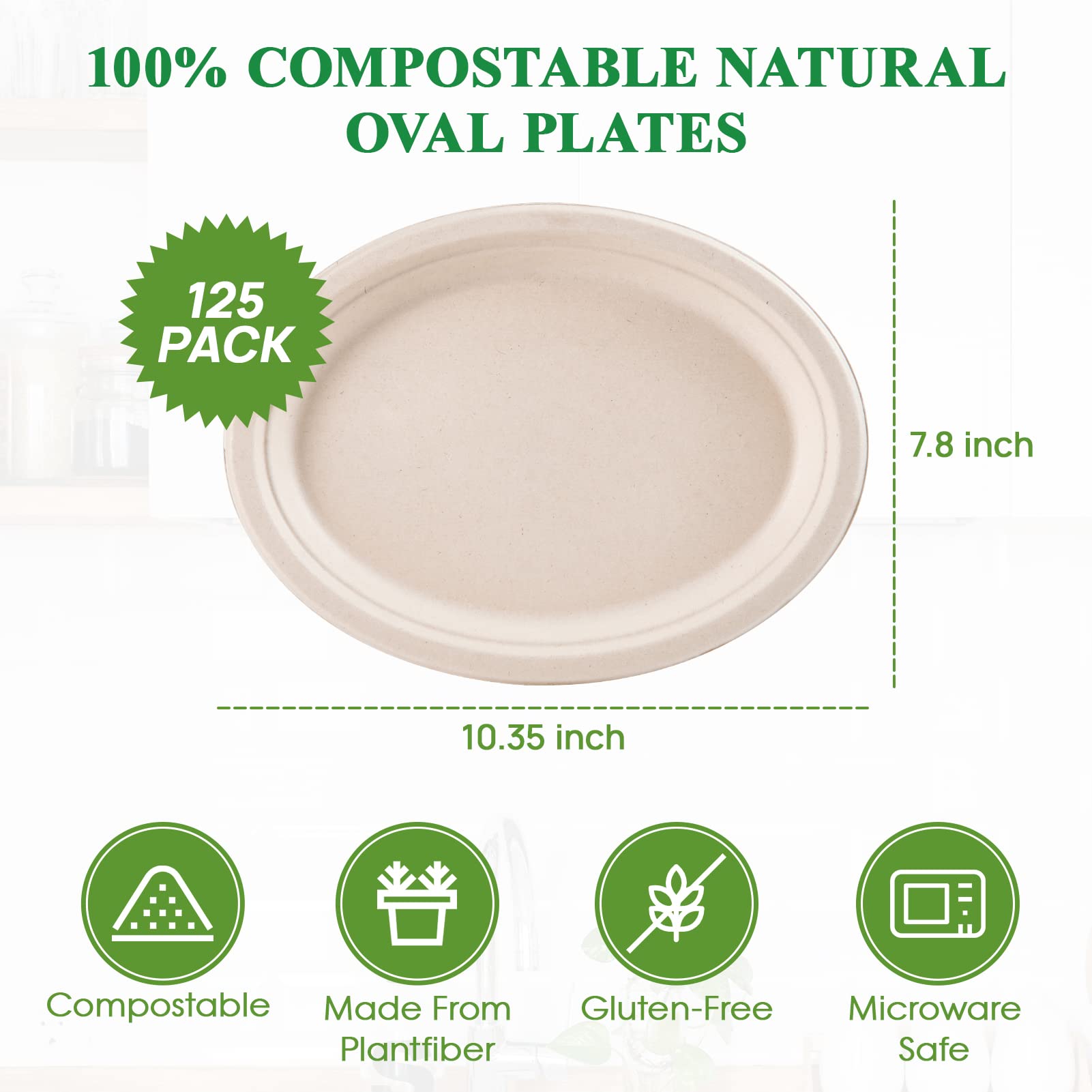 Vplus 100% Compostable Oval Paper Plates 12 inch 120 Pack Super Strong Disposable Dinner Plates Natural Biodegradable Eco-Friendly Sugarcane Plates for BBQ, Party, Gathering, and Picnic