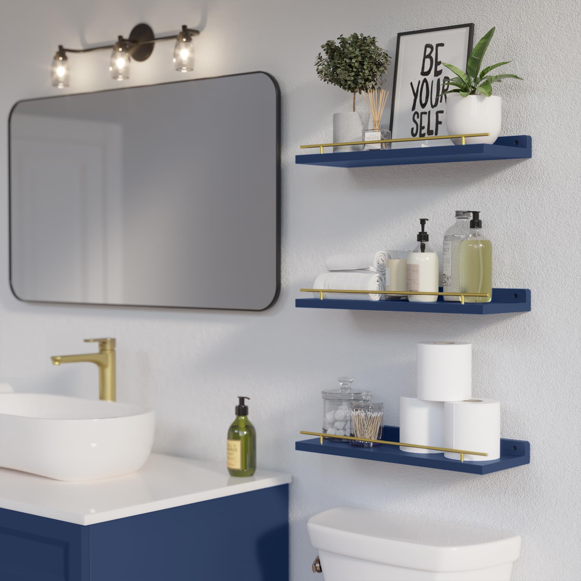 WOPITUES Floating Shelves with Black Metal Guardrail, Shelves for Wall Decor Set of 3, Wall Shelves for Bedroom, Bathroom, Kitchen, Living Room, Plants, Picture Frames, Art- Black