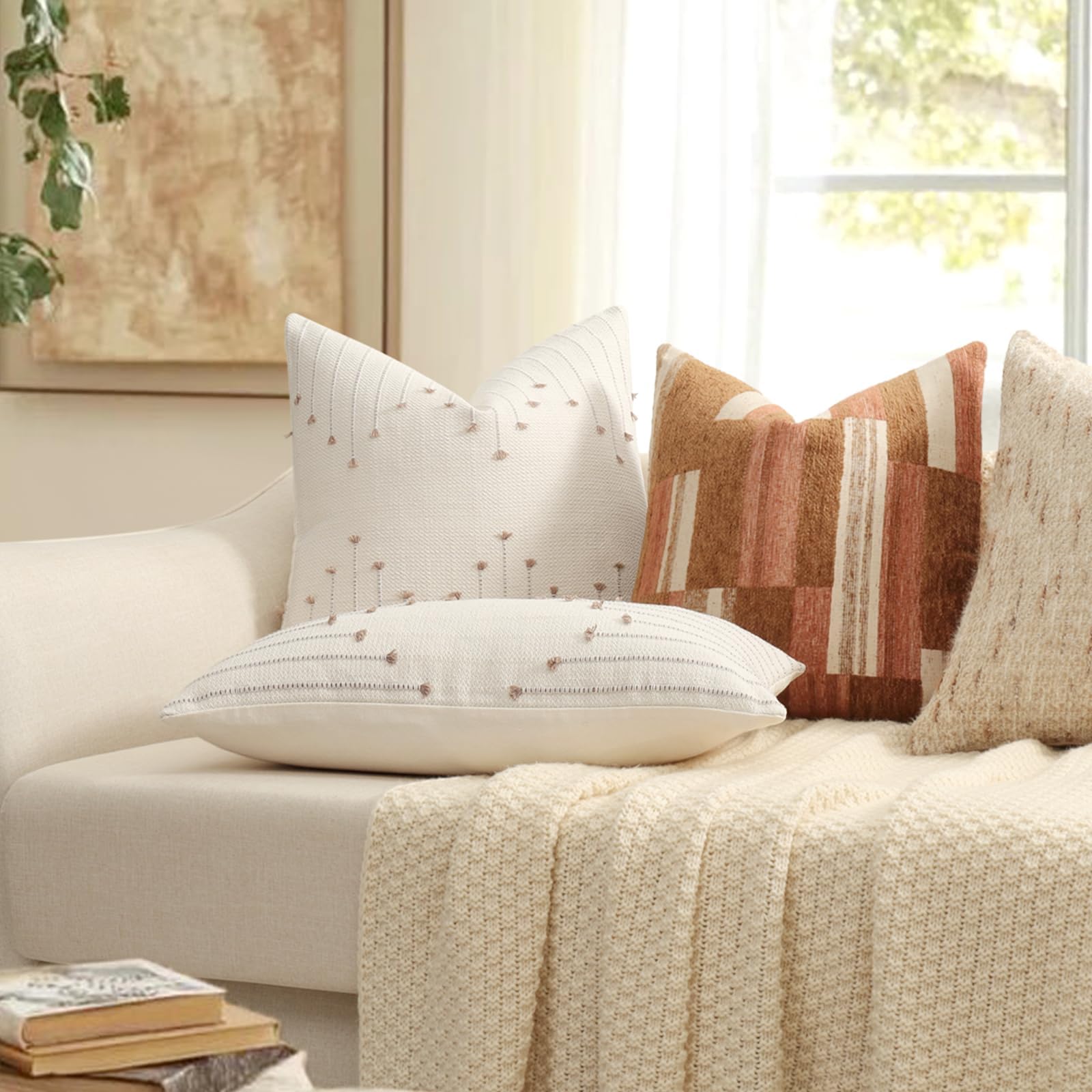 Boho Outdoor Throw Pillow Covers 18x18 Set of 2 Neutral Woven Decorative Pillowcases Cotton Tufted Couch Pillows Modern Farmhouse Cushion Covers for Sofa Couch Bed Living Room Home Decor, Navy Blue