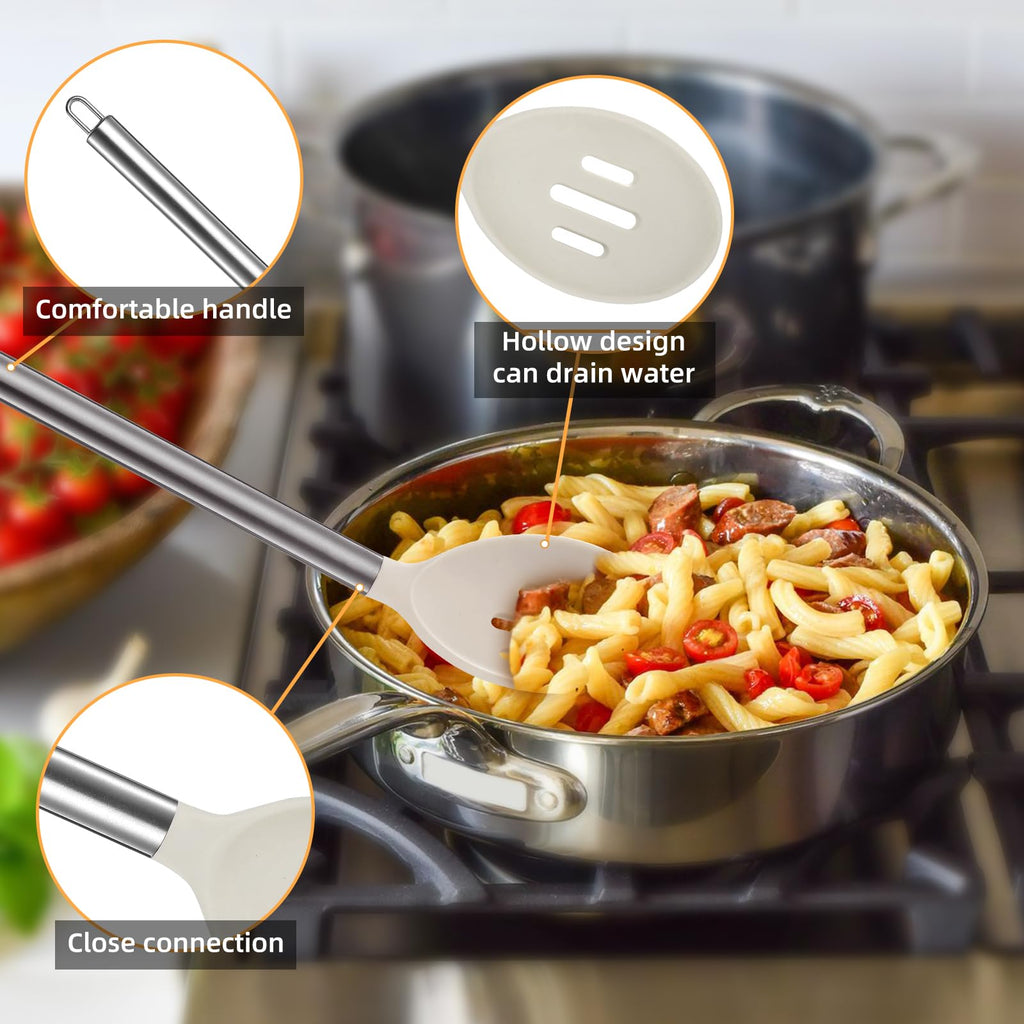 MANJIA Silicone Slotted and Solid Cooking Spoons Set, 2 Piece, Khaki