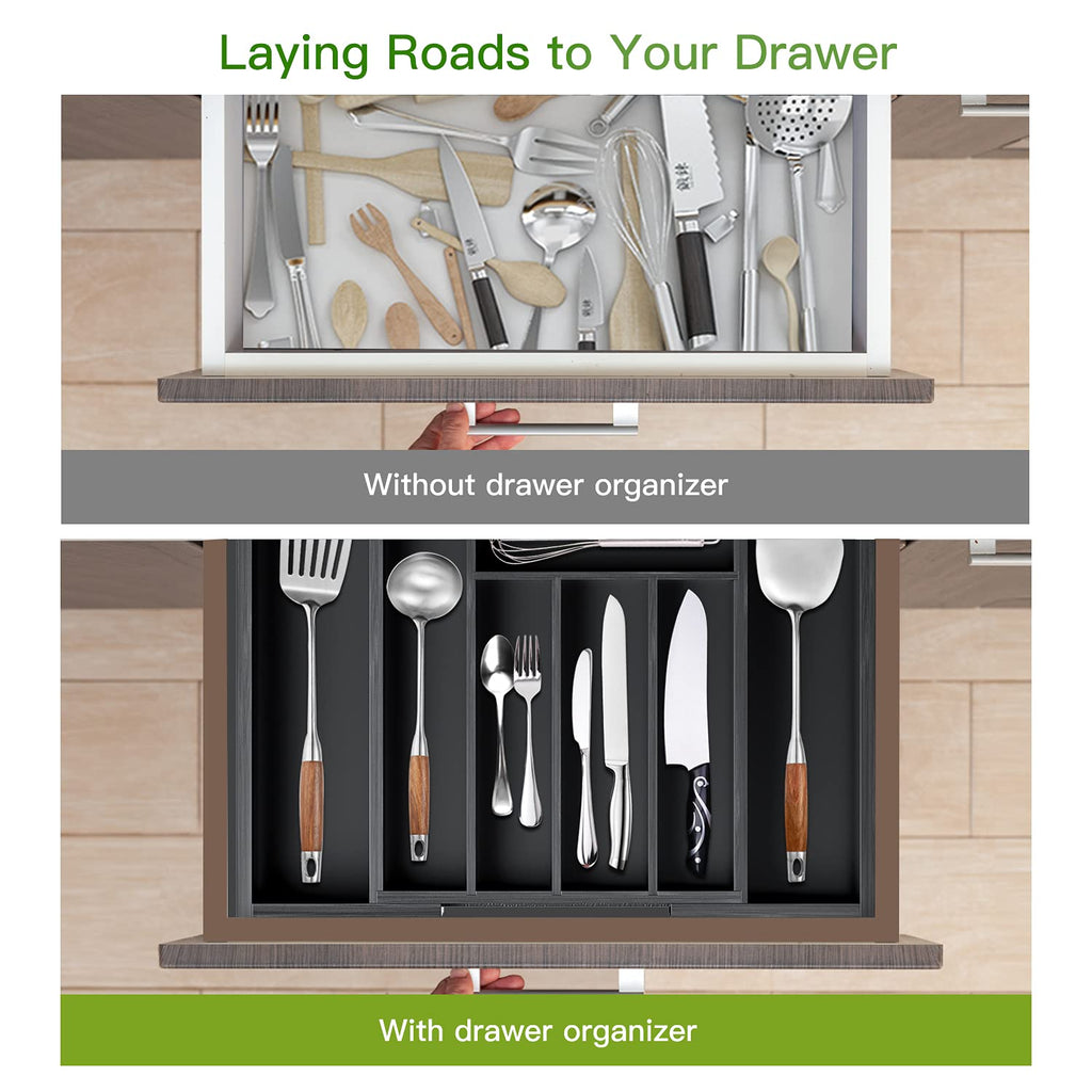 Pipishell Bamboo Expandable Silverware Drawer Organizer, Adjustable Kitchen Utensil Tray for Forks, Spoons and Knives, Wood Storage Cutlery Holder for Bedroom and Living Room