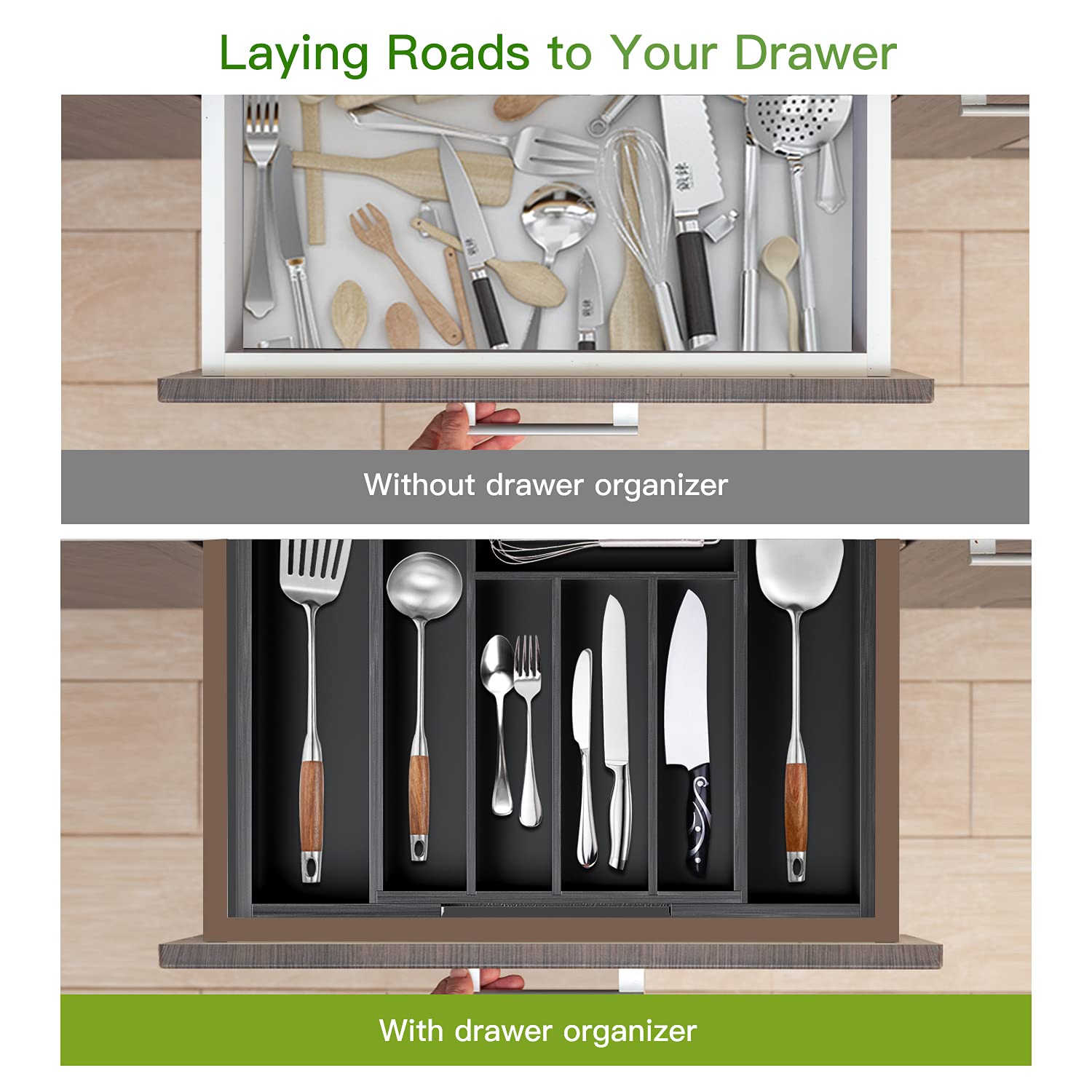 Pipishell Bamboo Expandable Silverware Drawer Organizer, Adjustable Kitchen Utensil Tray for Forks, Spoons and Knives, Wood Storage Cutlery Holder for Bedroom and Living Room
